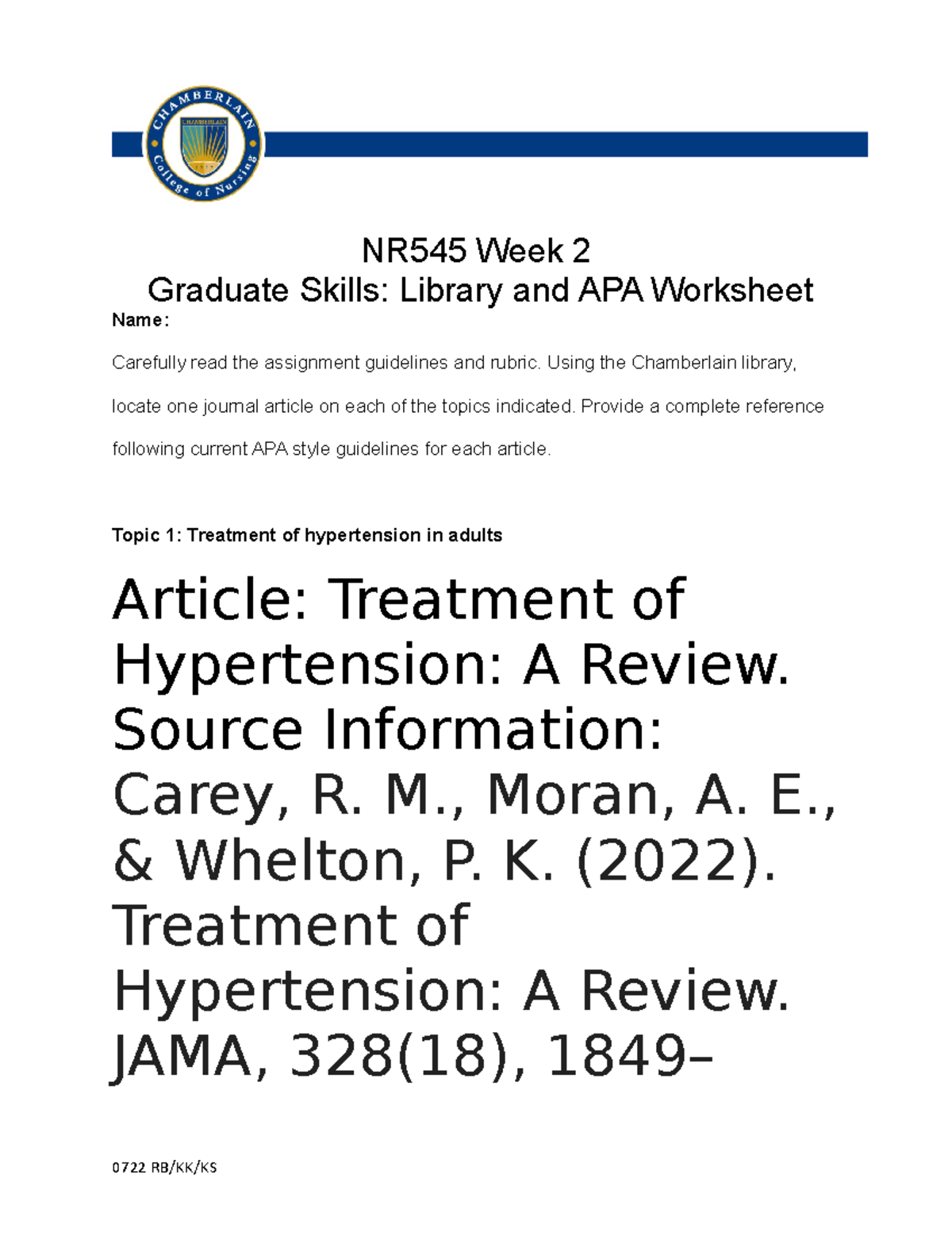 NR545 Week 2 Library and APA worksheet NR545 Week 2 Graduate Skills