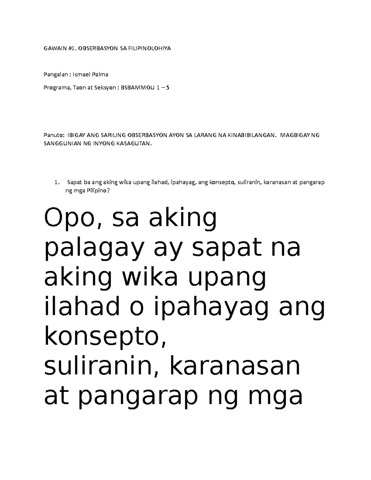 Filipinolohiya 2 - Assignment - GAWAIN #1. OBSERBASYON SA ...