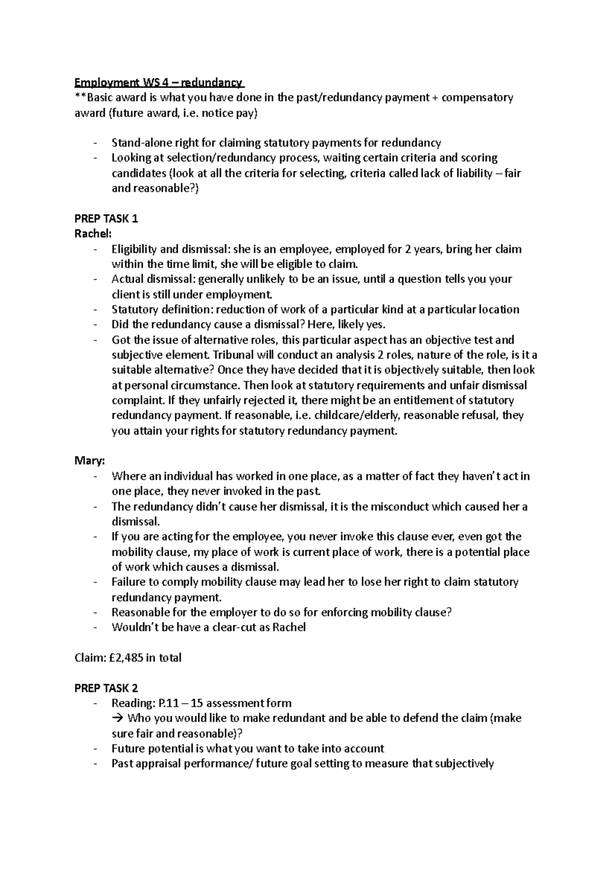 WS 4 - Redundancy - Employment law Lpc workshop - Employment WS 4 ...