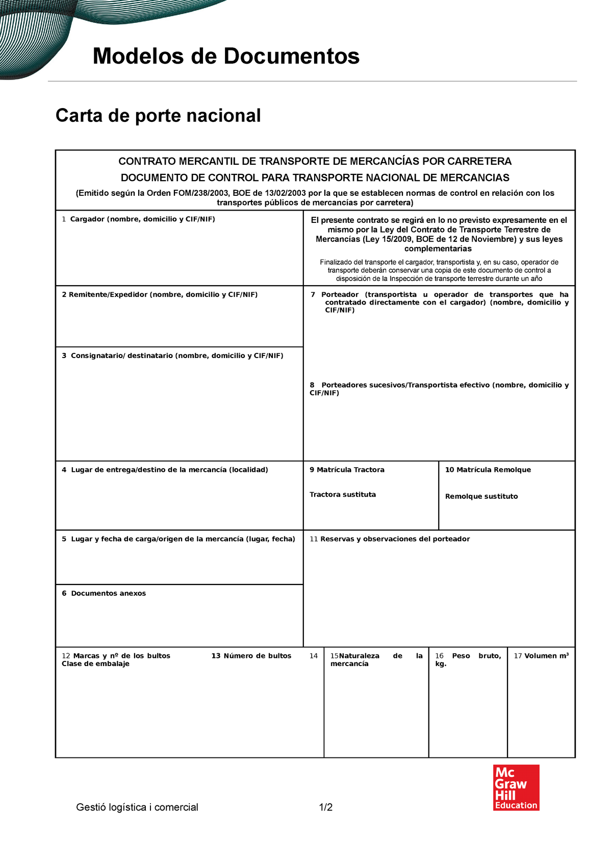 Carta de porte nacional - Modelos de Documentos Carta de porte nacional  CONTRATO MERCANTIL DE - Studocu