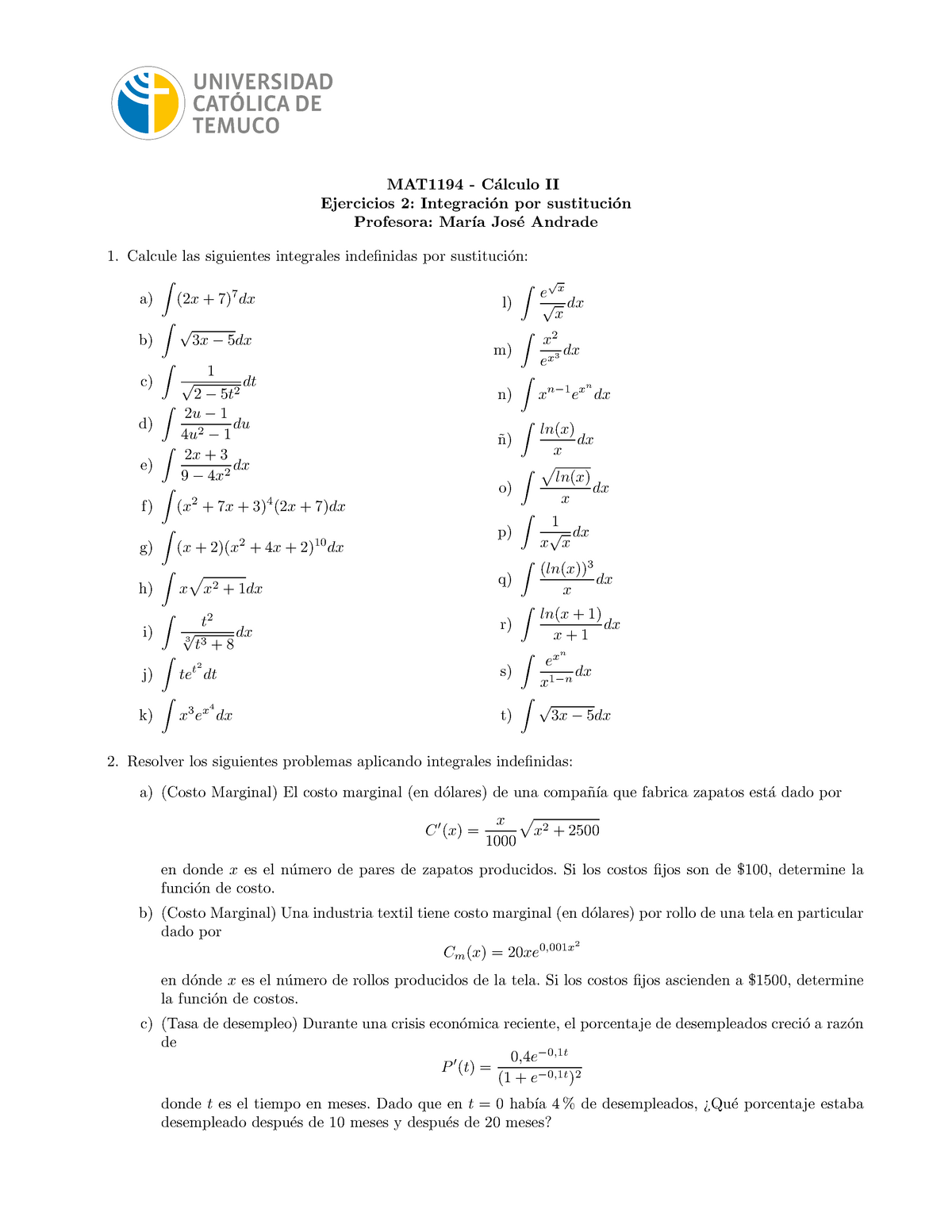 Ejercicios 2 Integraci N Por Sustituci N - MAT1194 - C ́alculo II ...