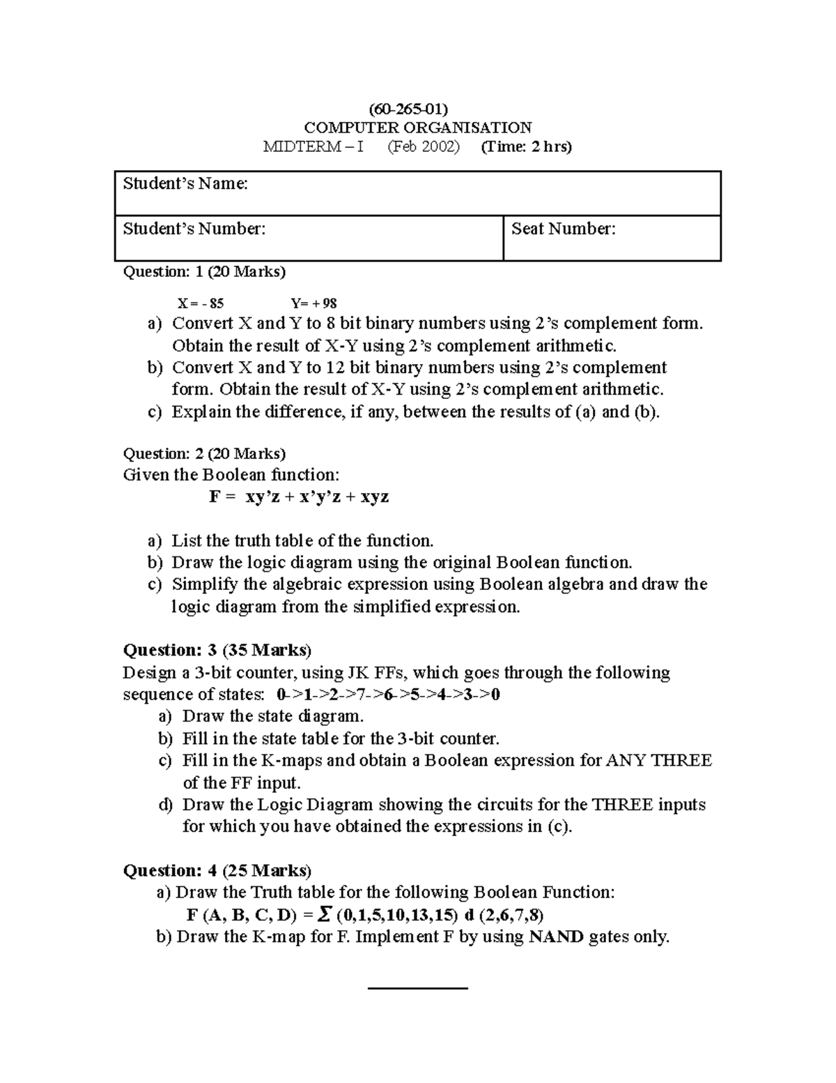 Midterm 1-1 - Trial - (60-265-01) COMPUTER ORGANISATION MIDTERM – I ...