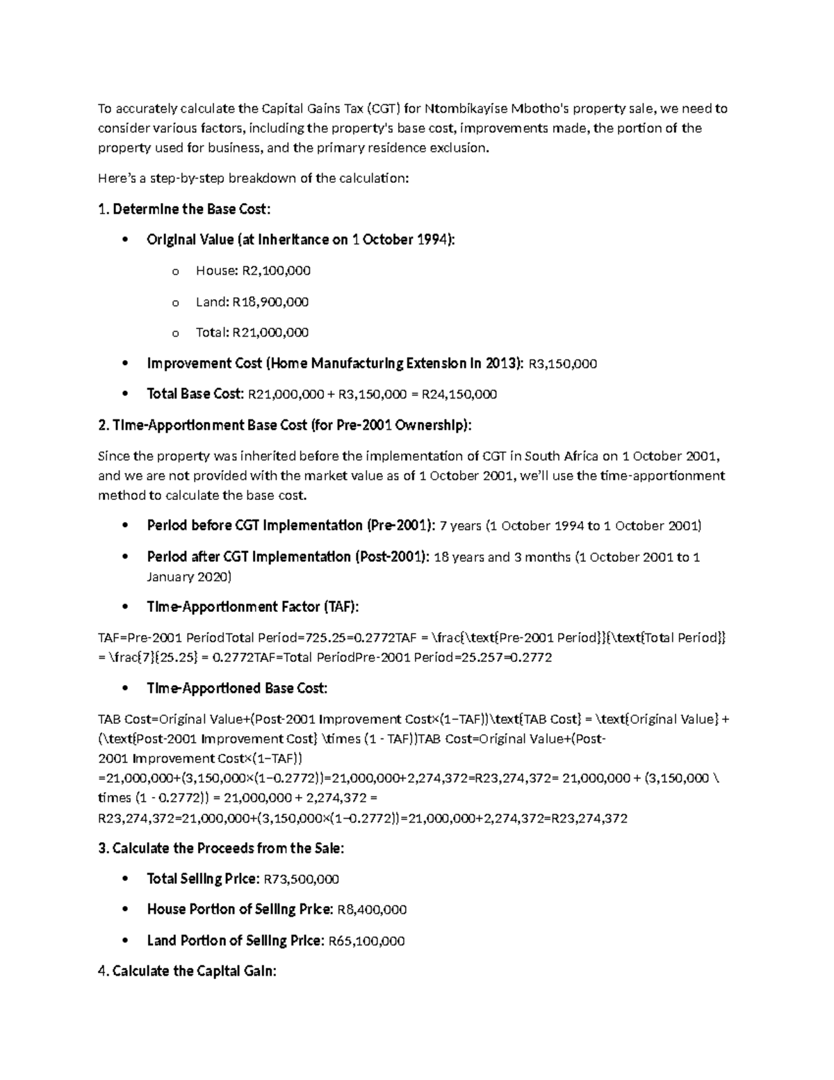 AI Tax Response - Taxation - To accurately calculate the Capital Gains ...