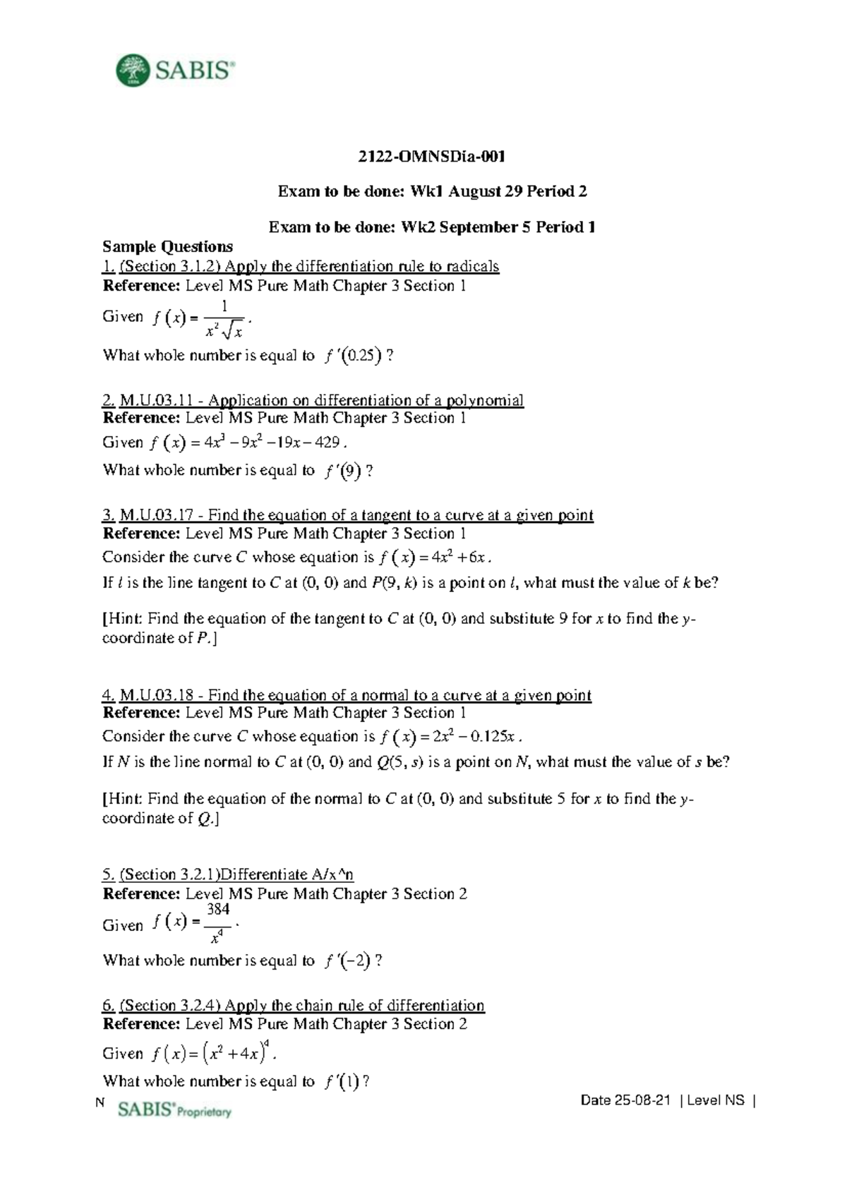 2122 Level NS Math First Two Weeks Material (2122 Omnsdia001) T1