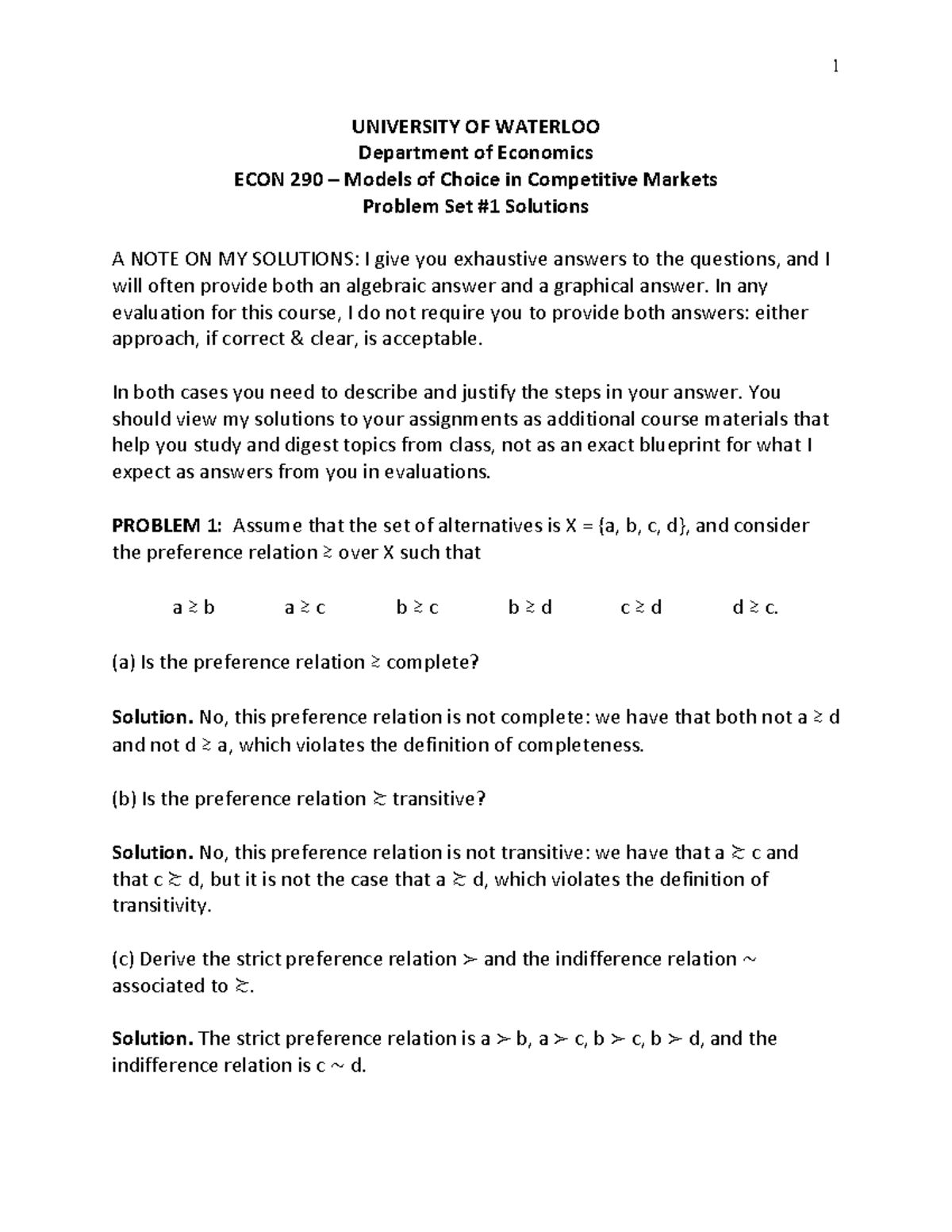 Homework 1 Solutions-2 - 1 UNIVERSITY OF WATERLOO Department of ...