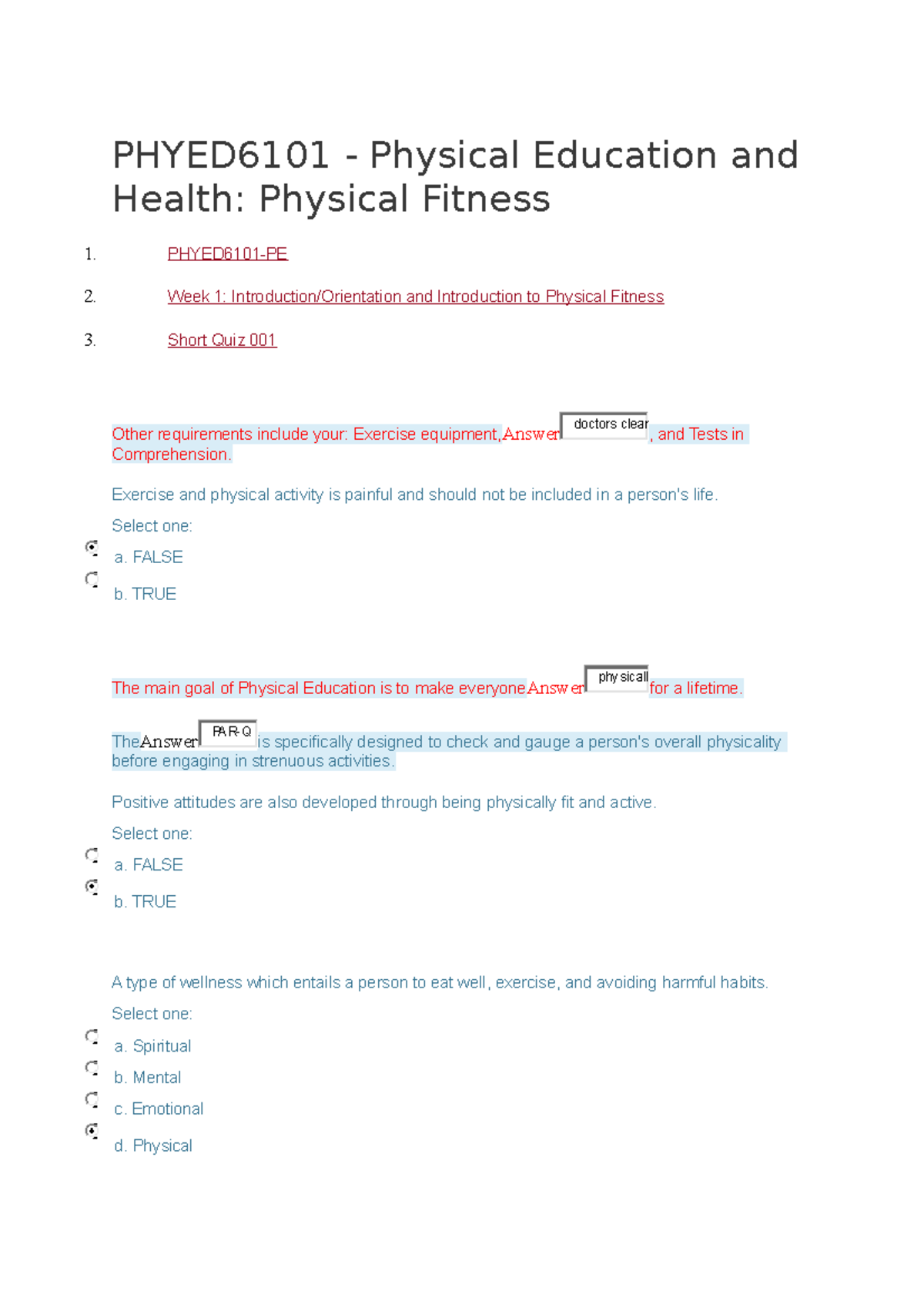 Quiz 1 2020, questions and answers - PHYED6101 - Physical Education and ...