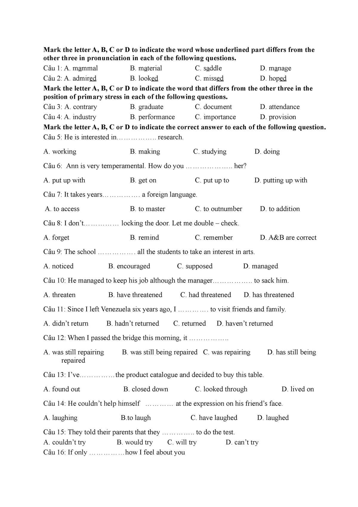 Week-15 01042022 - Practise Material - Mark The Letter A, B, C Or D To ...