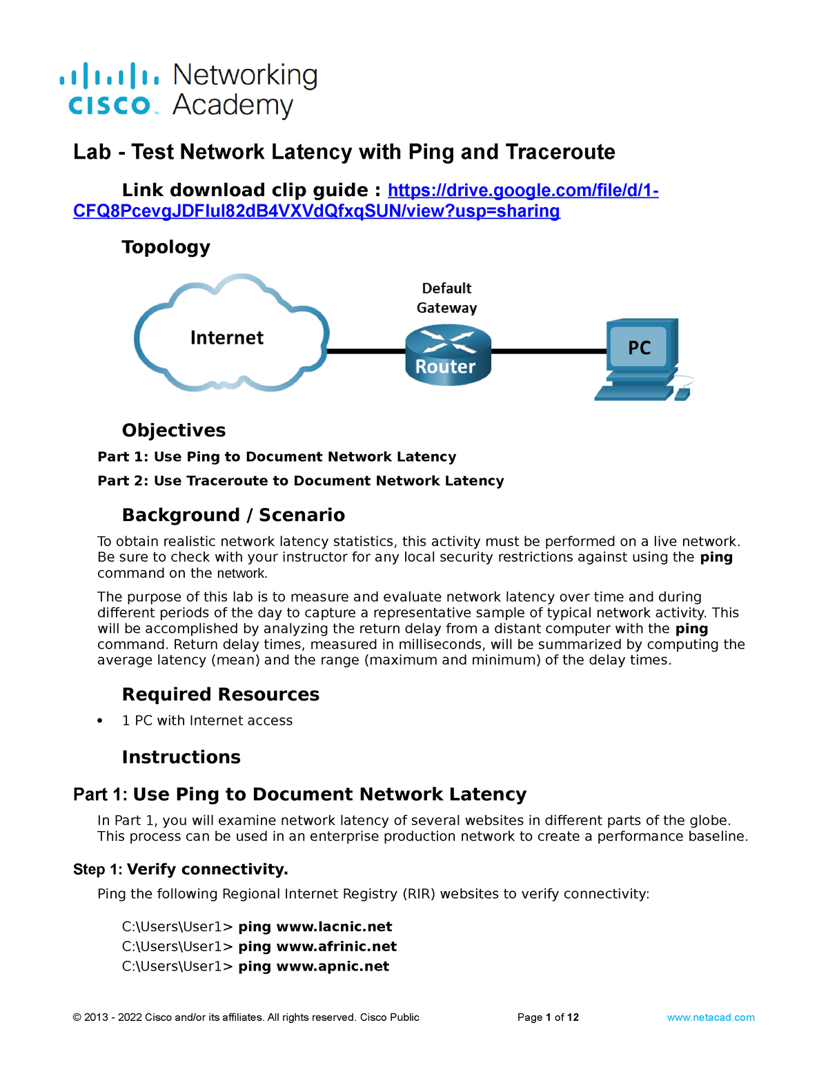 17.4.6 Lab Test Network Latency with Ping and Traceroute Link