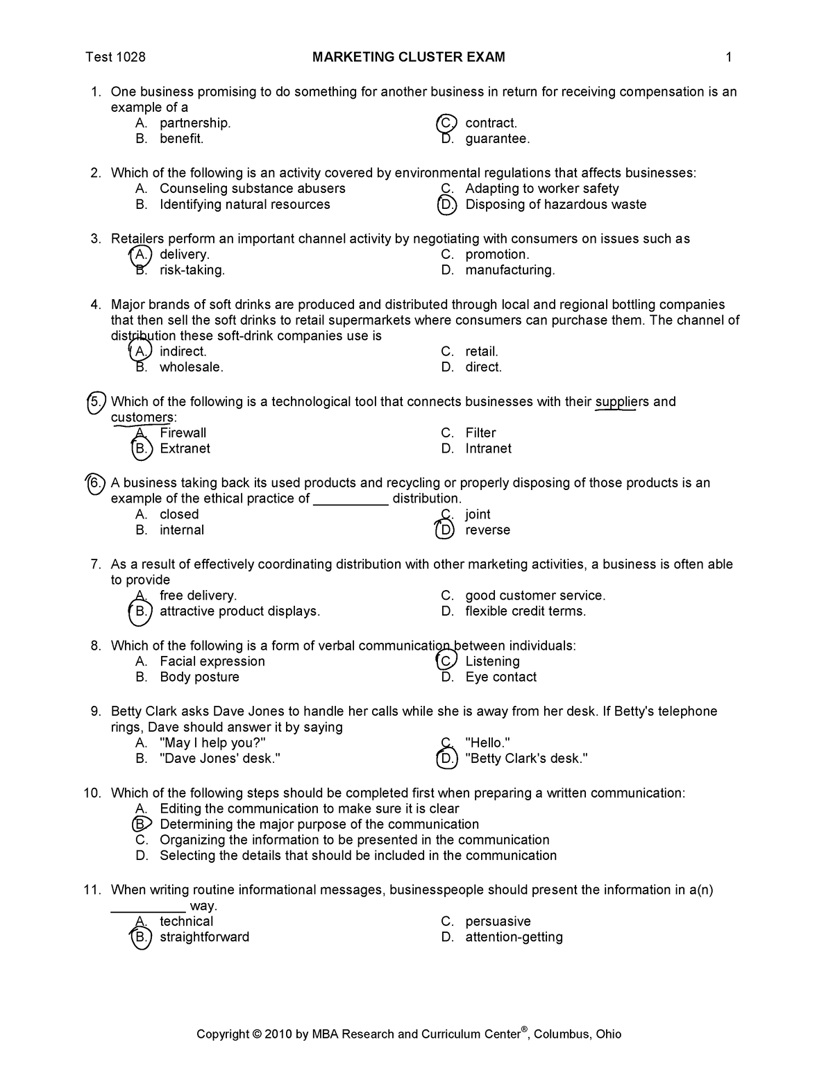 Deca practice test - Test 1028 MARKETING CLUSTER EXAM 1 Copyright © 20 ...