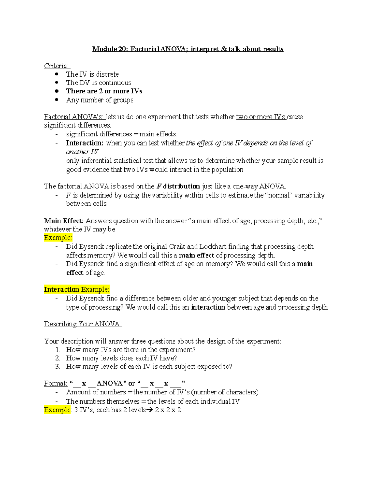 20 Factorial Anovas - Lecture notes 20 - Module 20: Factorial ANOVA ...