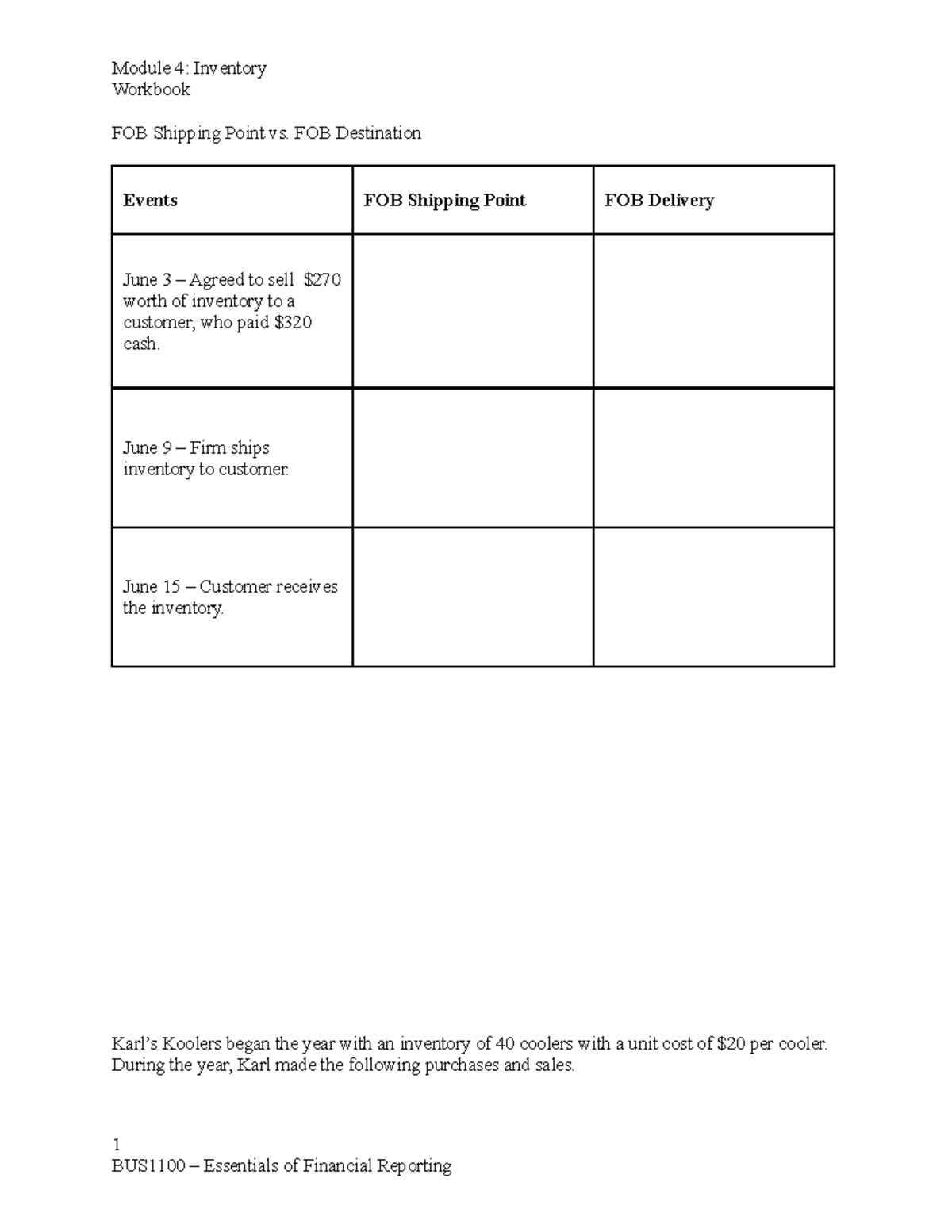 BUS1100 - Module 04 - Workbook - Module 4: Inventory Workbook FOB ...