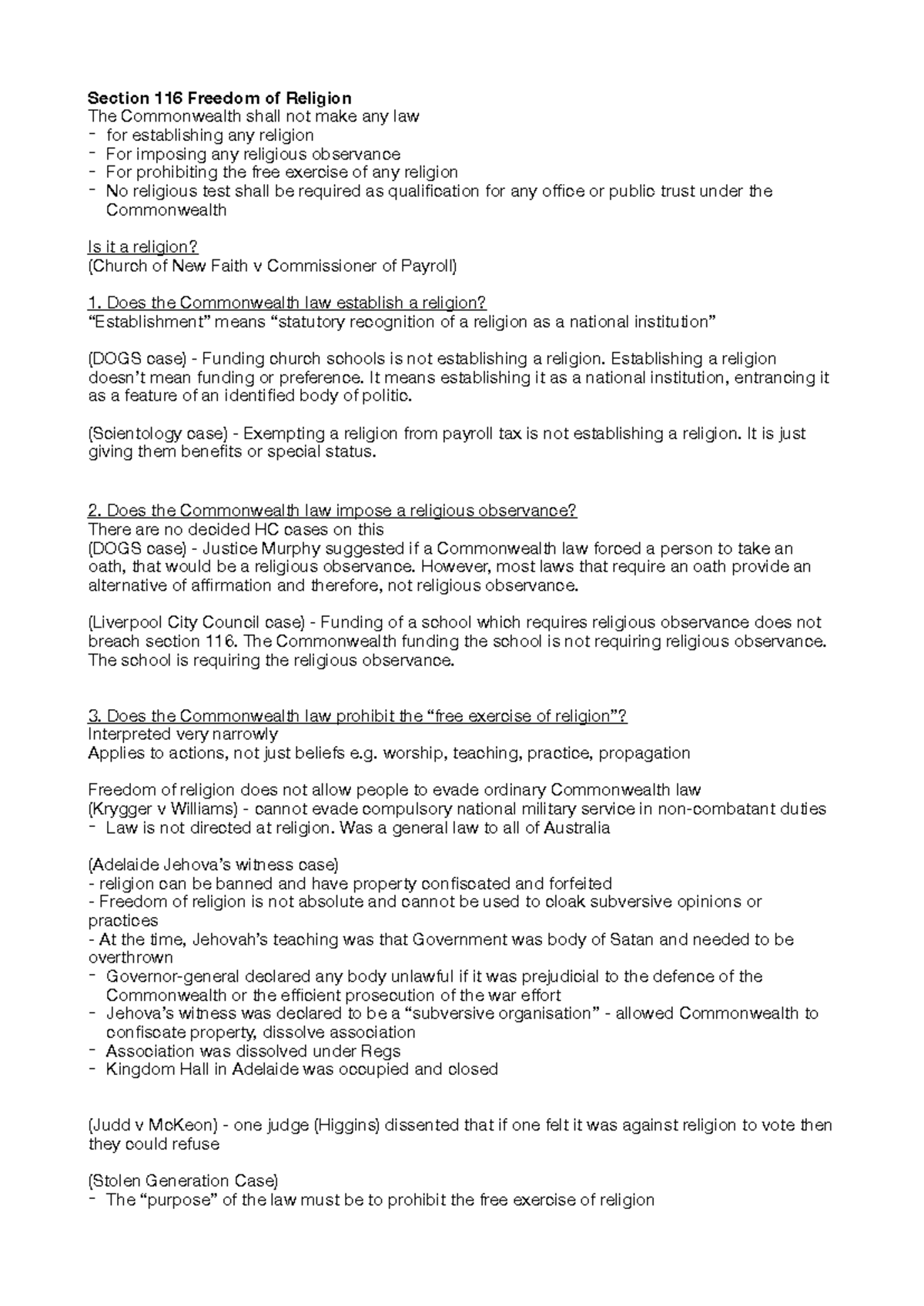 LLB203 Week 6 - Notes on week 6 - Section 116 Freedom of Religion The ...