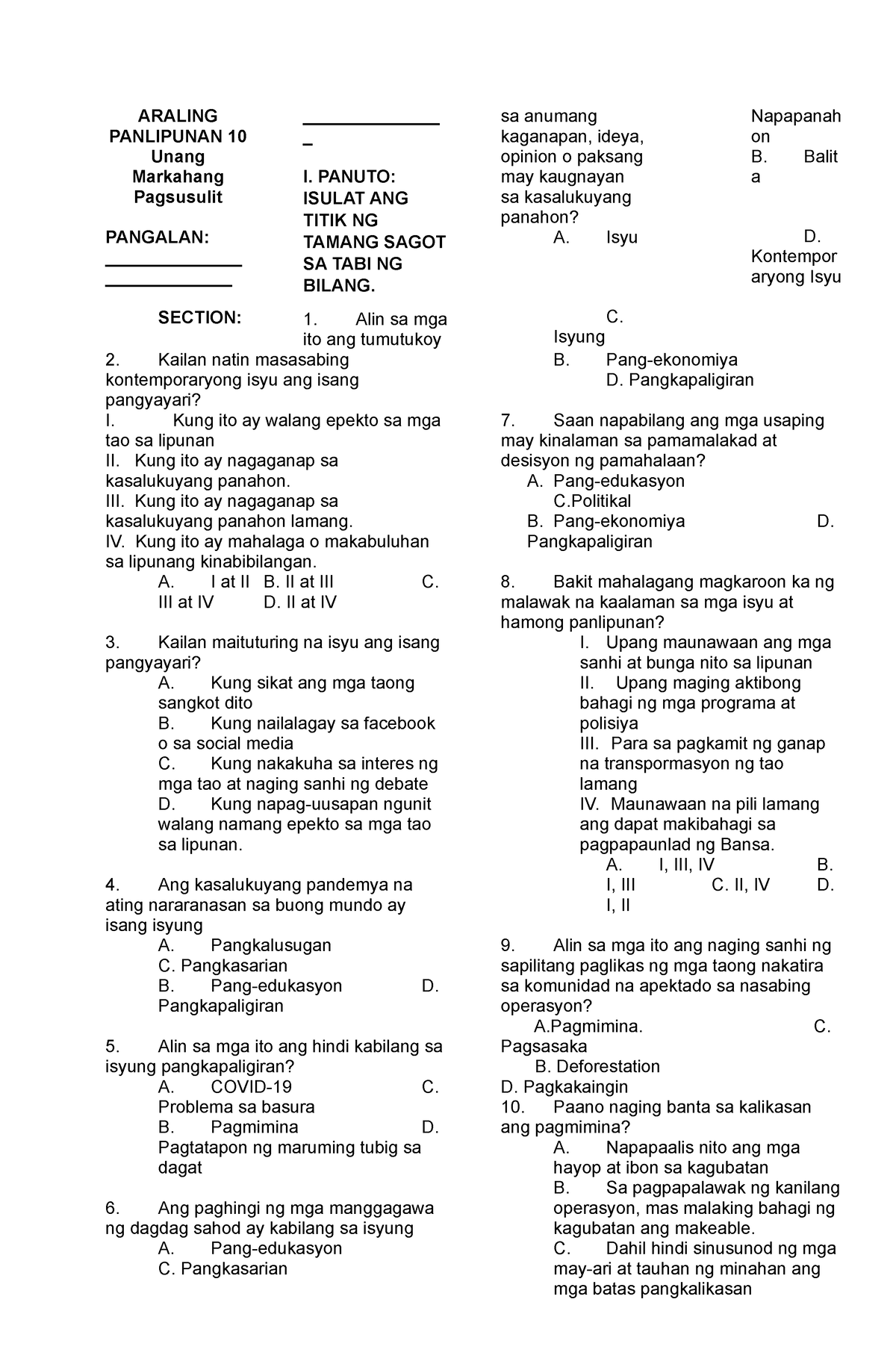 Ap10.1st Quarter - Melcs Based - ARALING PANLIPUNAN 10 Unang Markahang Pagsusulit PANGALAN ...