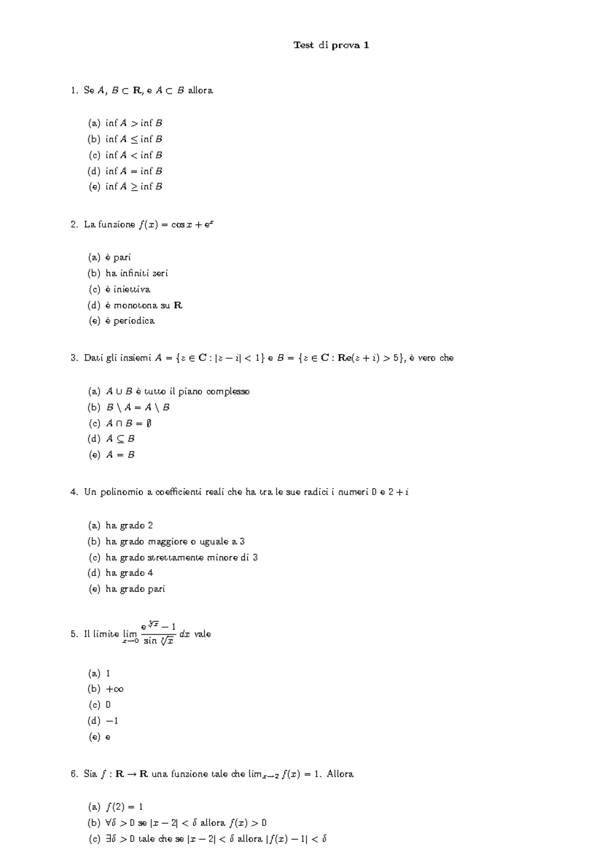 Test Simulation - Test Di Prova 1 SeA,B⊂R, EA⊂Ballora (a) InfA >infB (b ...