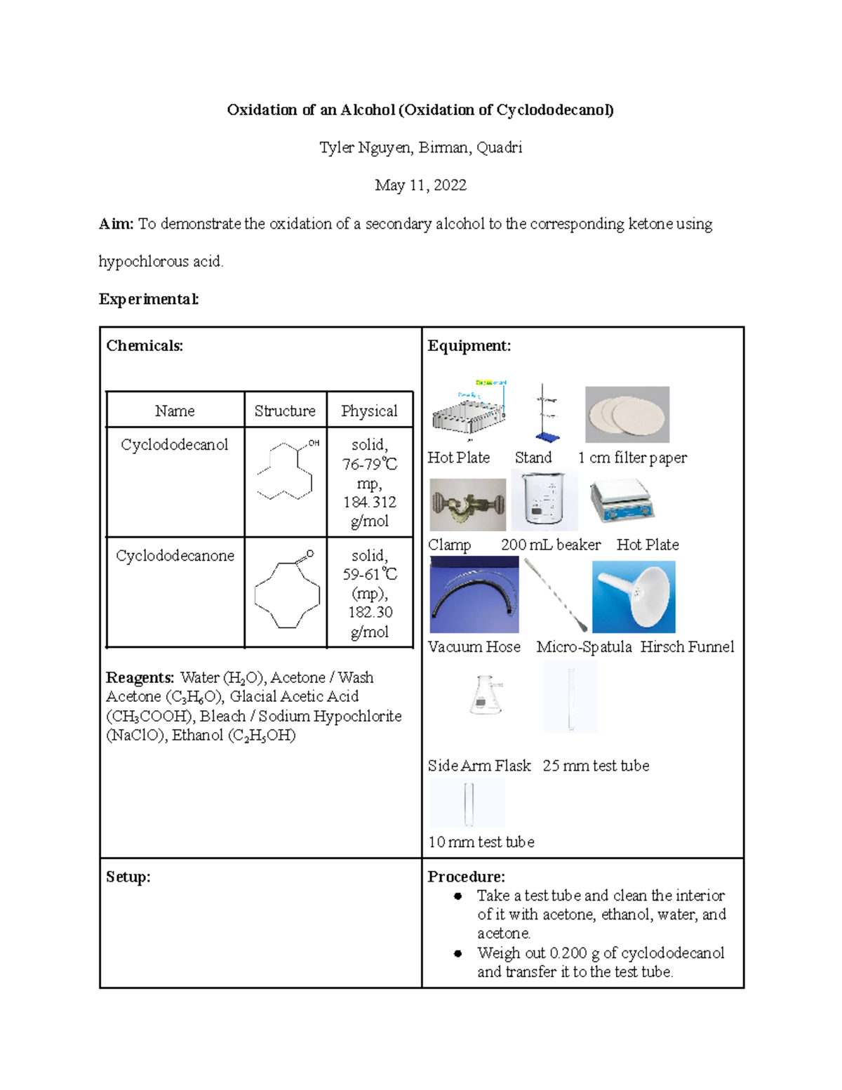 Lab Report 2 Oxidation of an Alcohol (Oxidation of Cyclododecanol