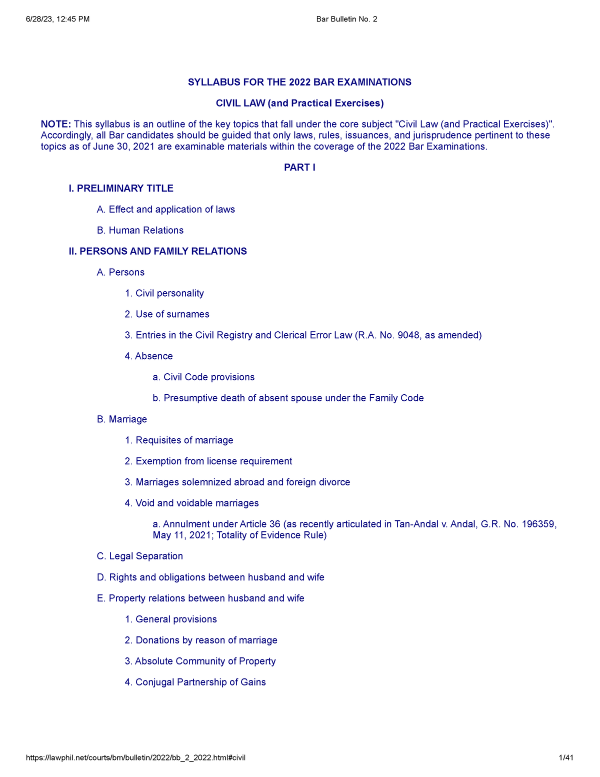 2022 Bar Syllabus reference for Bar Frequency SYLLABUS FOR THE 2022