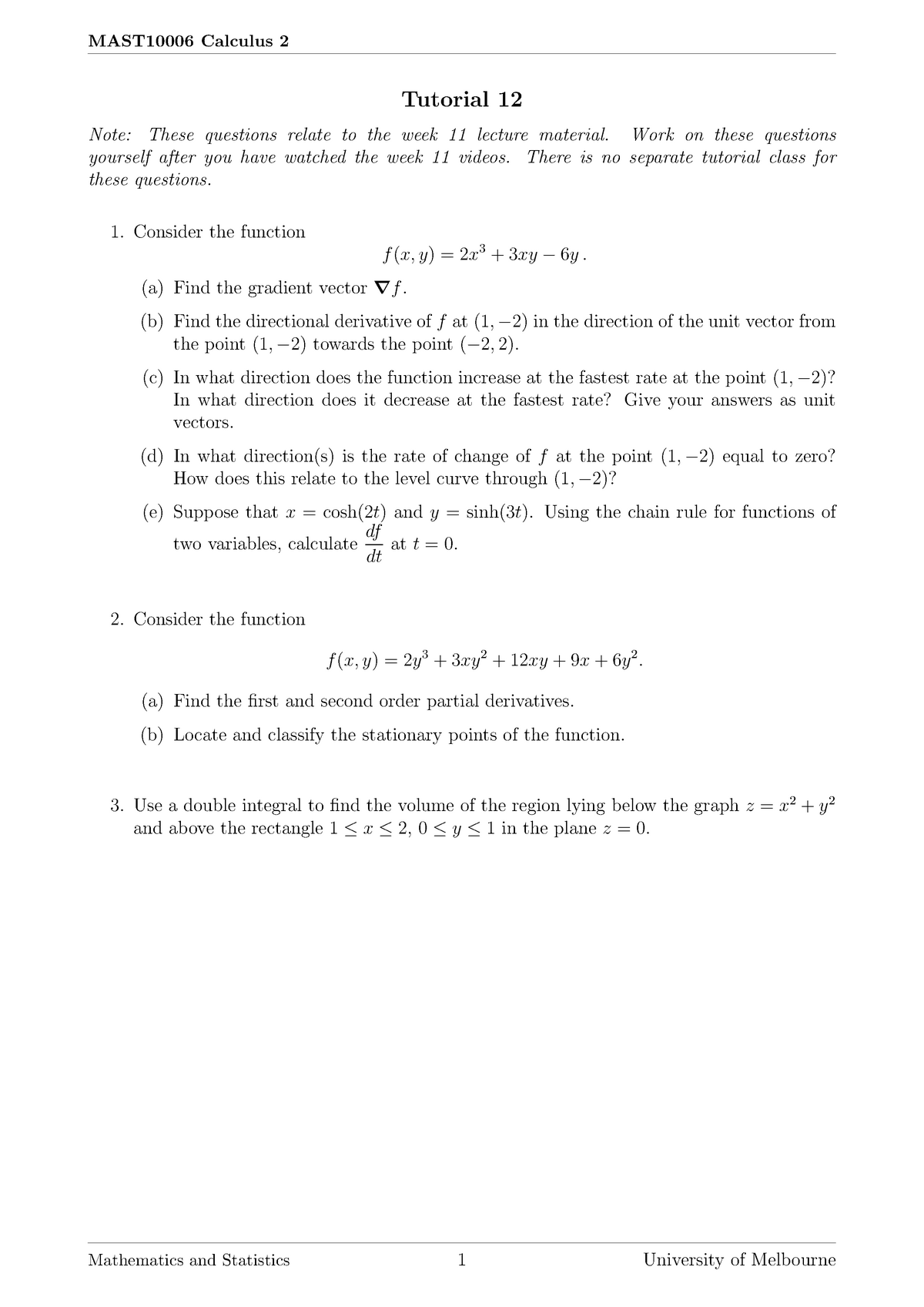 MAST10006 Tute12 - MAST10006 Calculus 2 Tutorial 12 Note: These ...