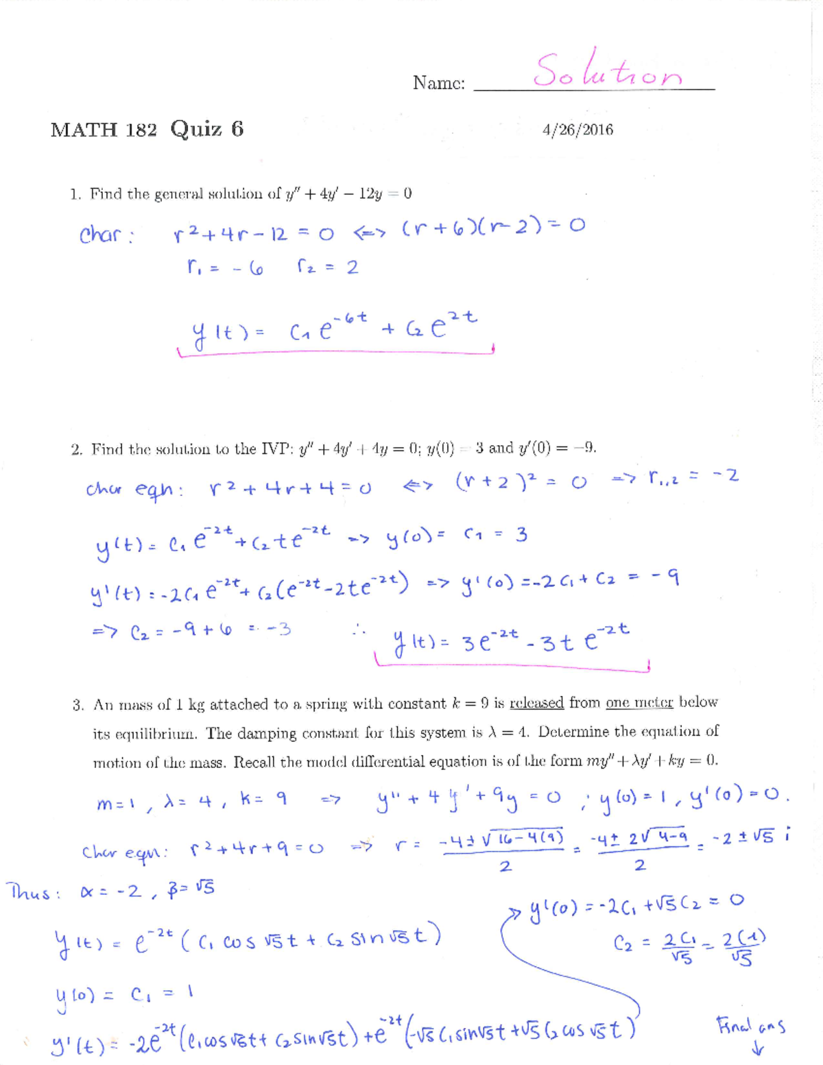Quiz 6 solutions - MATH 182 - Studocu