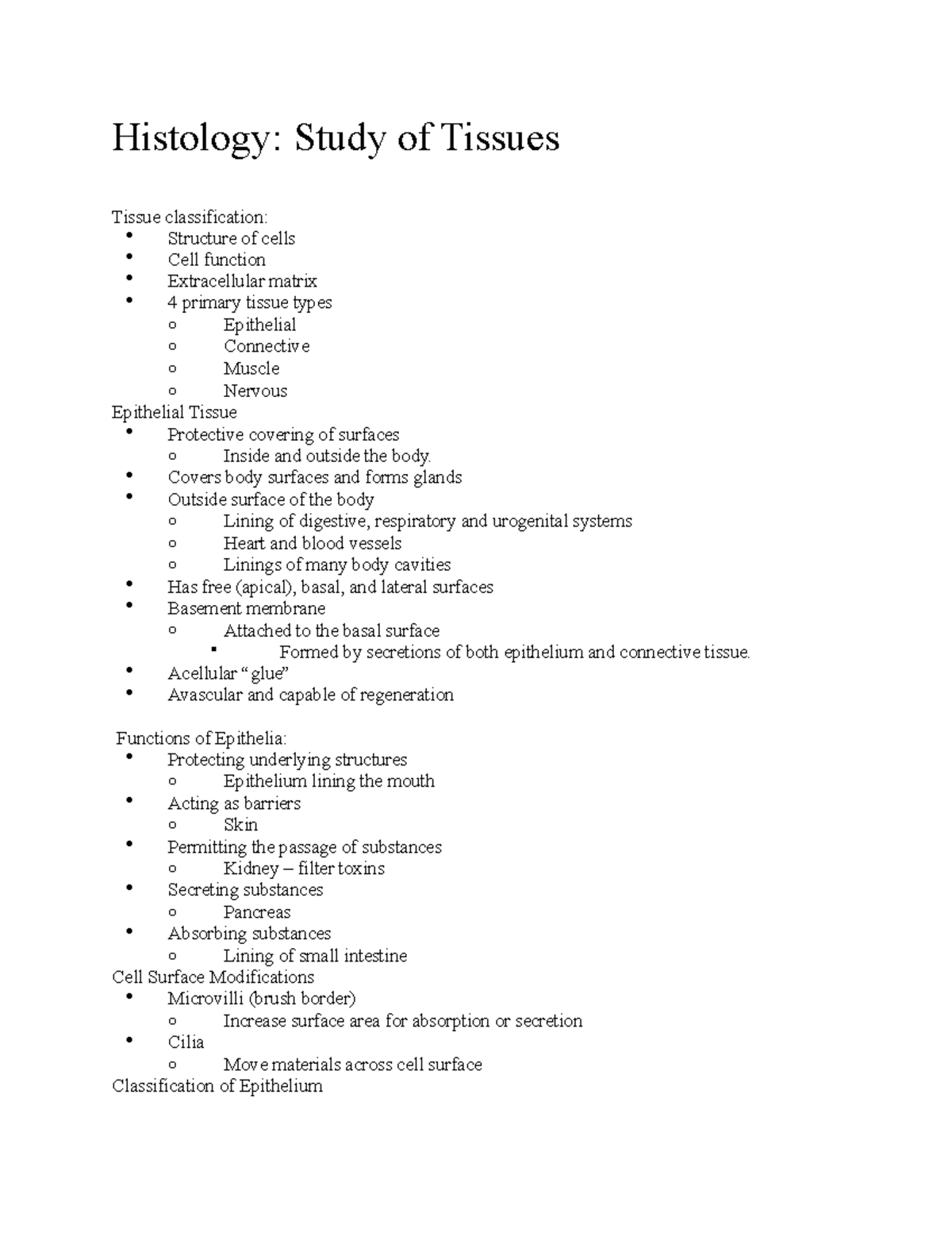 Kin 1A03 Notes - Histology: Study Of Tissues Tissue Classification ...