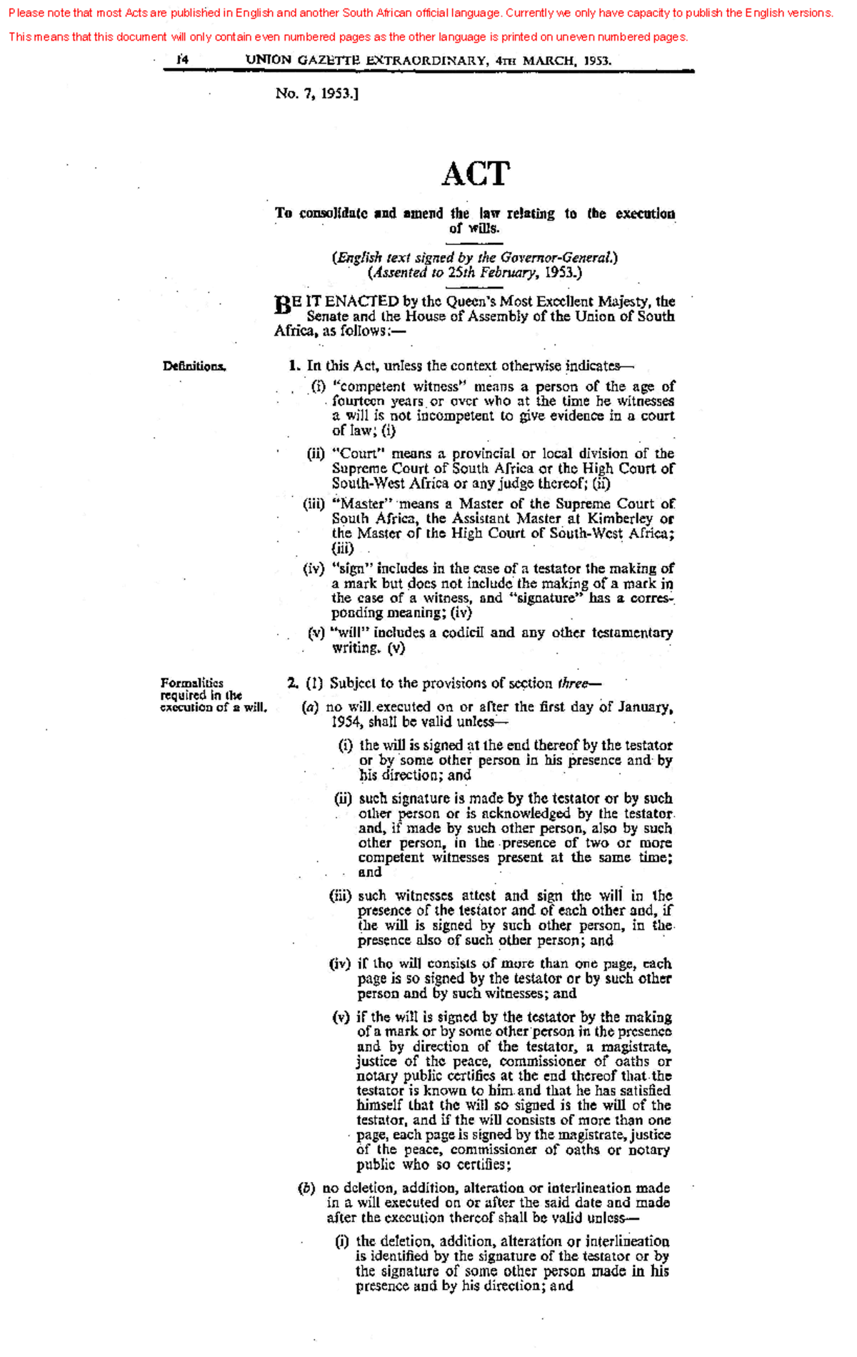 Wills Act good 1'4 UNION GAZETIE EXTRAORDINARY, 4rn MARCH, 1953