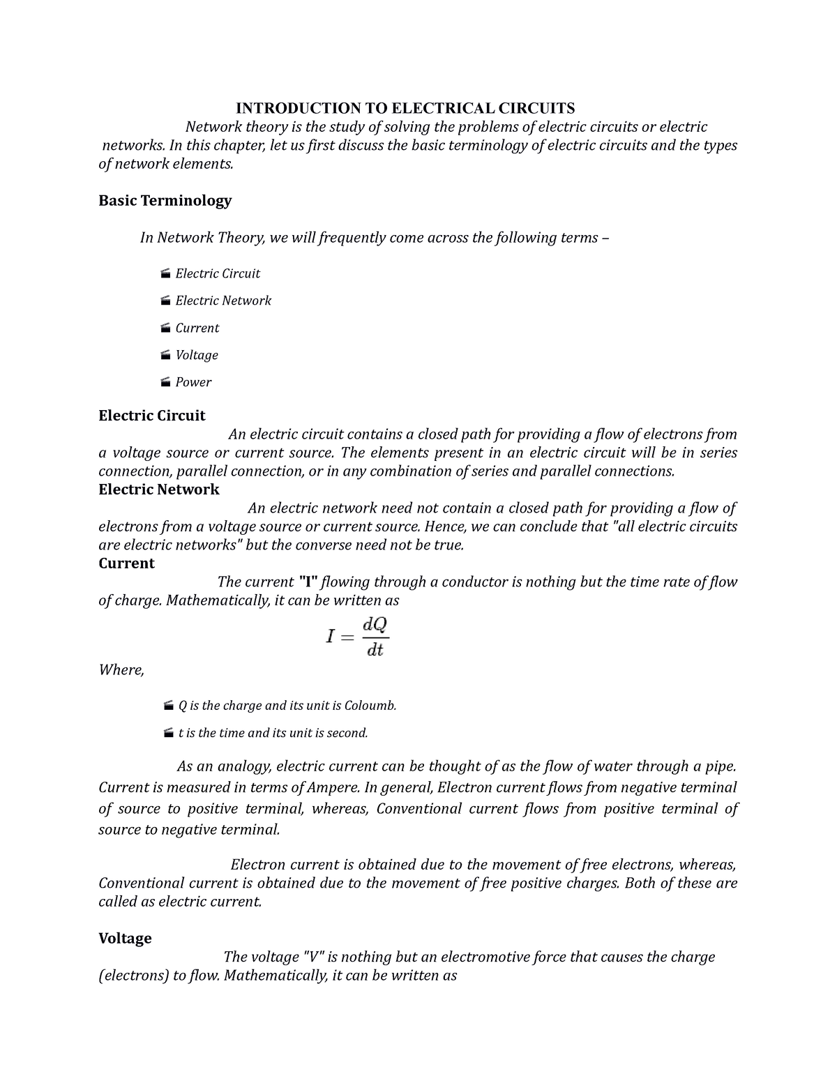 BEE Notes (Autosaved) - INTRODUCTION TO ELECTRICAL CIRCUITS Network ...