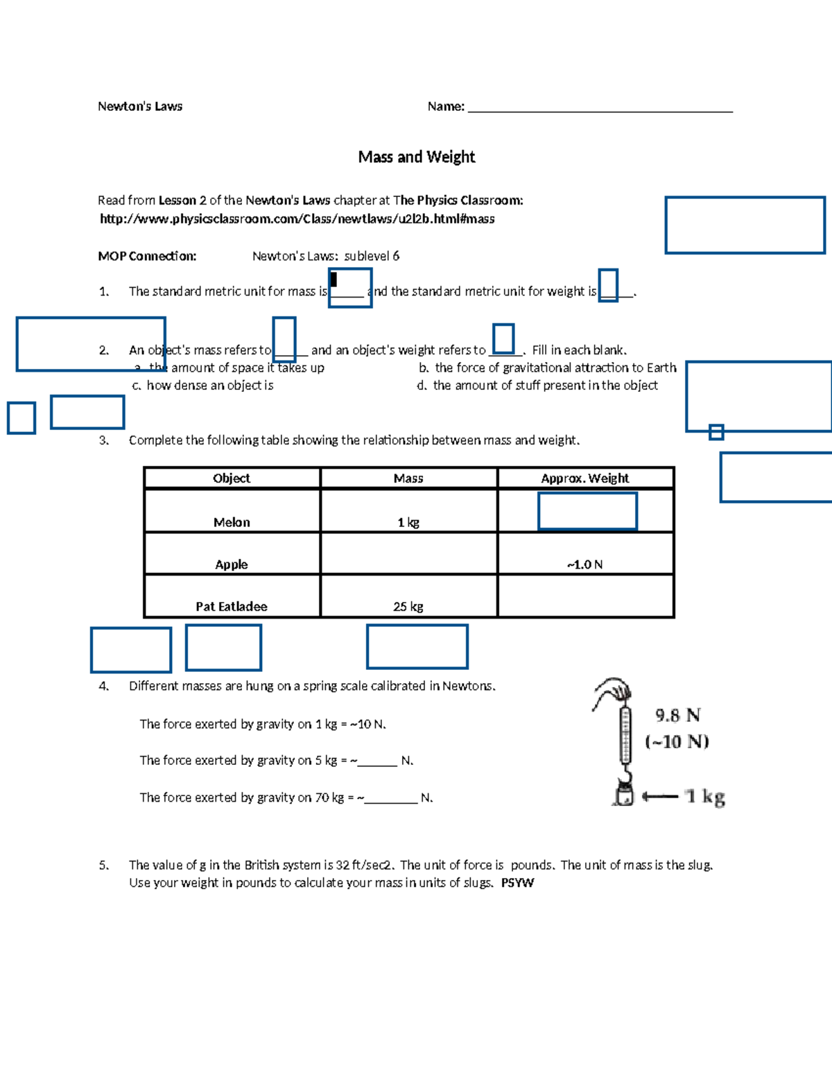 Mass vs Weight-1 - i need these answers for physic - Newton's Laws Name ...