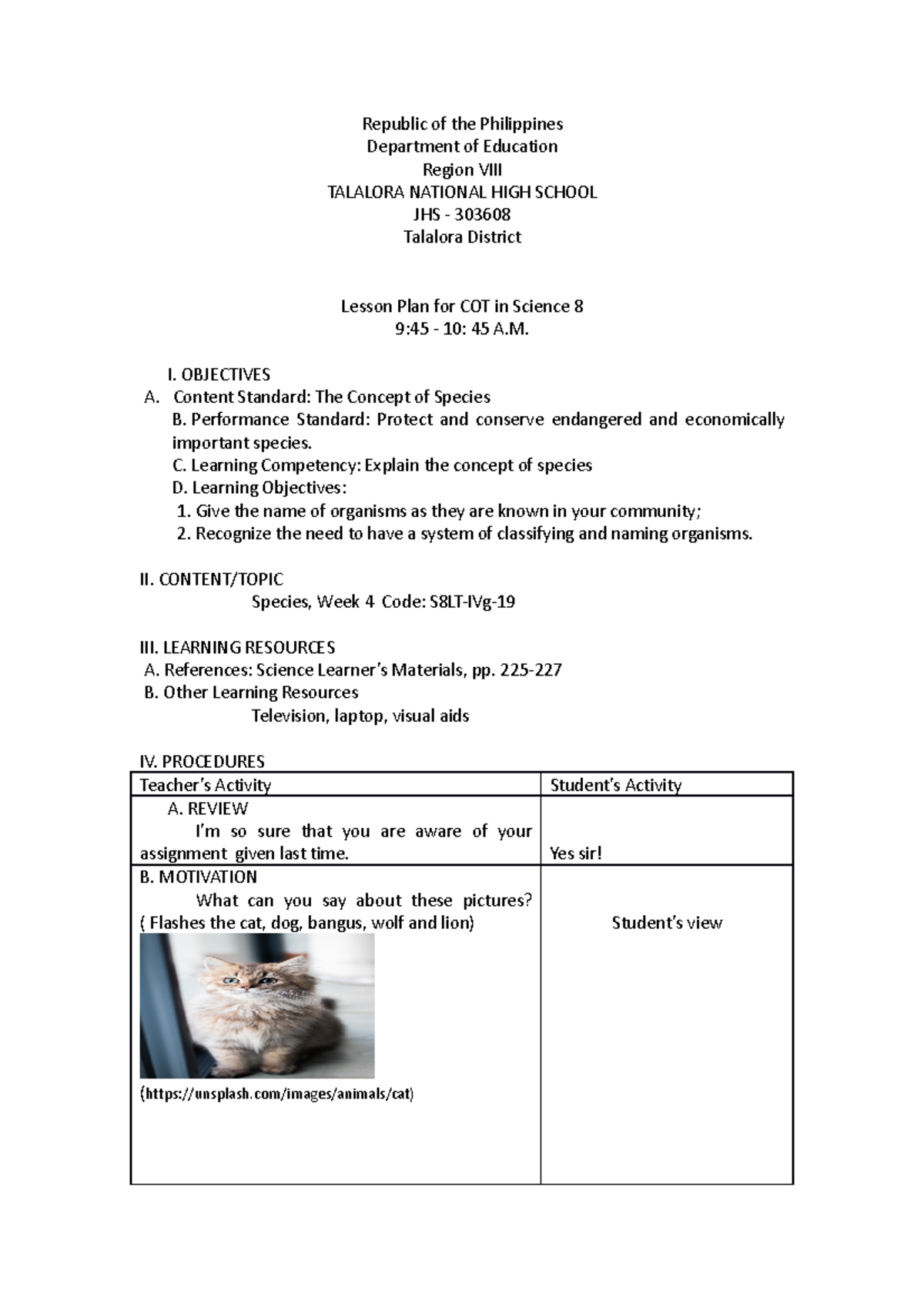 Lesson Plan for COT in Science 8 - Republic of the Philippines ...