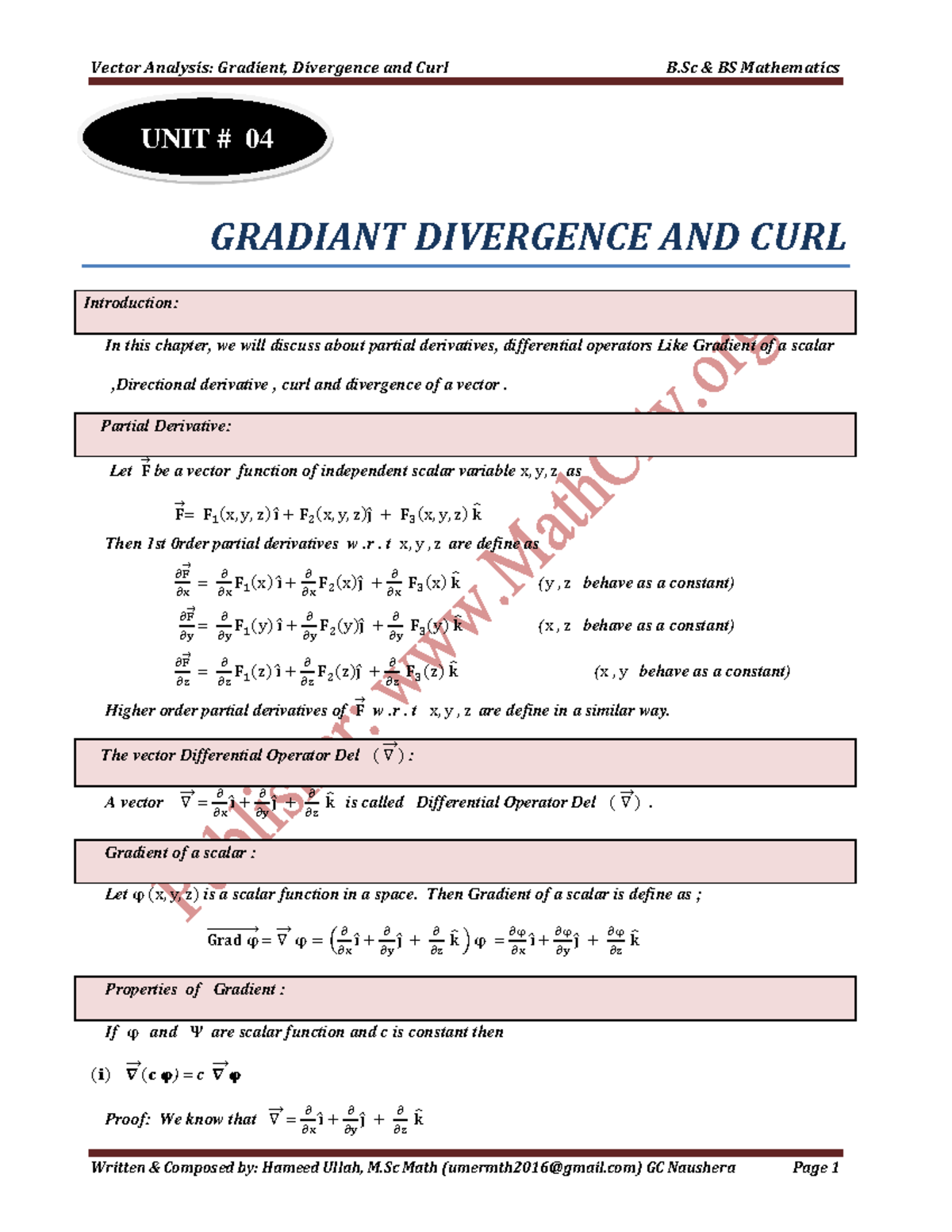Chapter 4 version 1 of vector analysis written by hameed ullah - UNIT ...