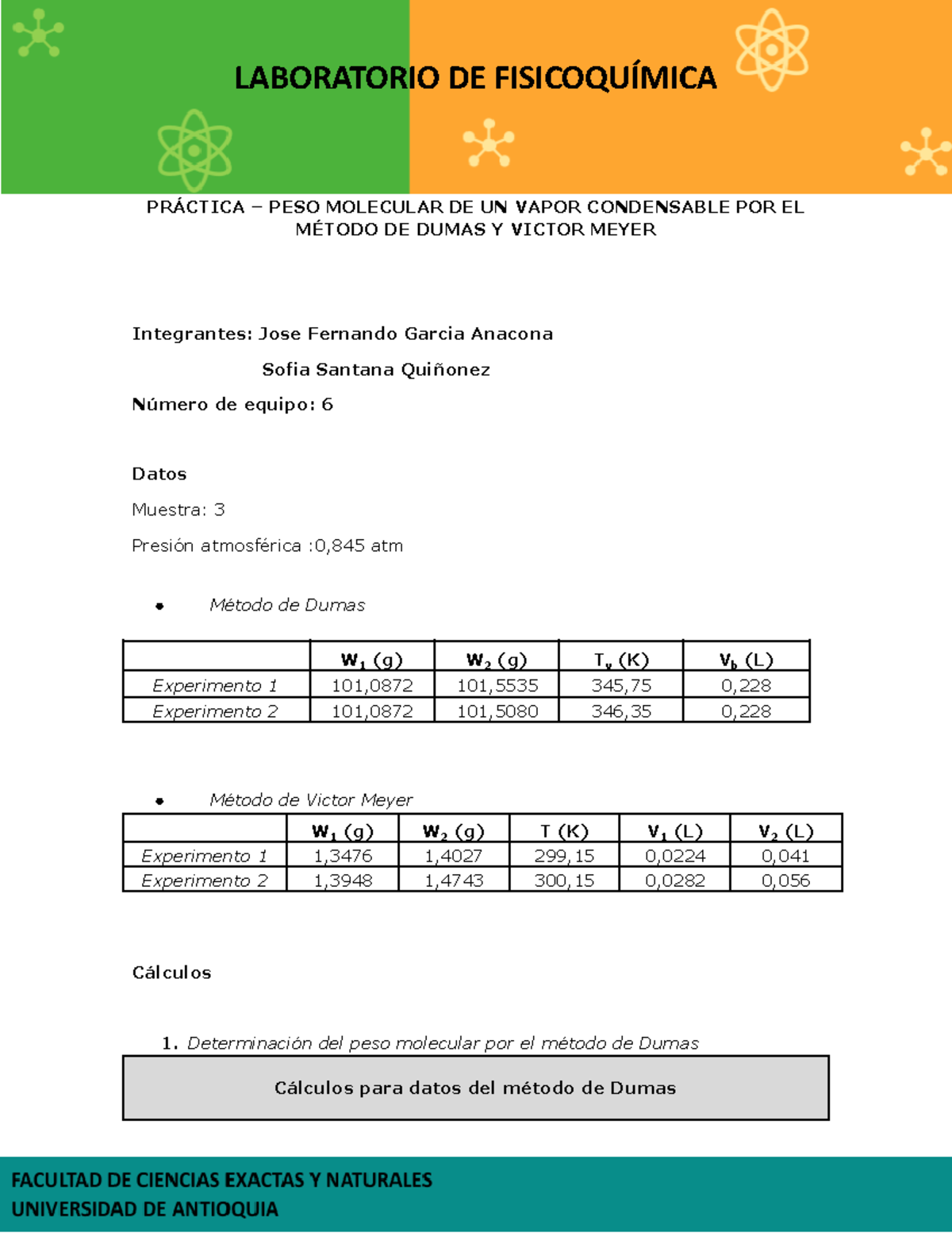 Formato Peso molecular PRÁCTICA PESO MOLECULAR DE UN VAPOR CONDENSABLE POR EL MÉTODO DE Formato Peso molecular PRÁCTICA PESO MOLECULAR DE UN VAPOR CONDENSABLE POR EL MÉTODO DE