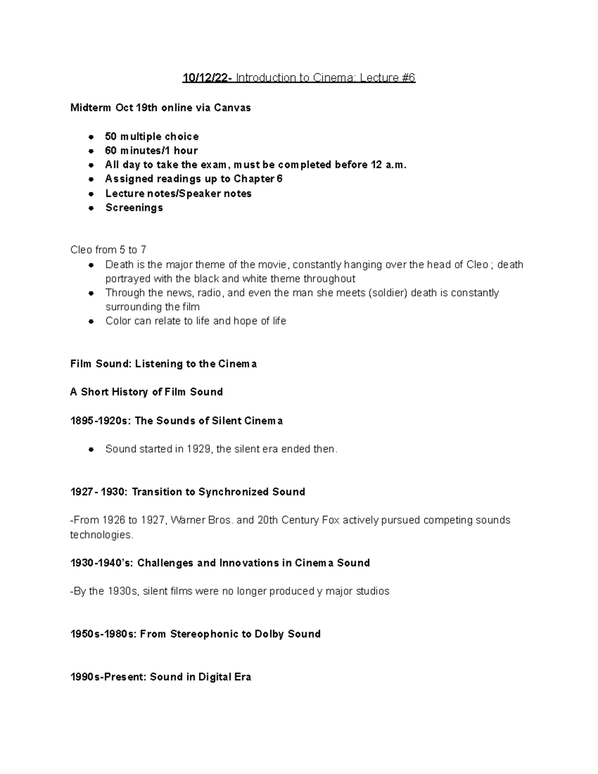 10 12 22 Introduction to Cinema Lecture 6 10/12/22 Introduction to Cinema Lecture Midterm