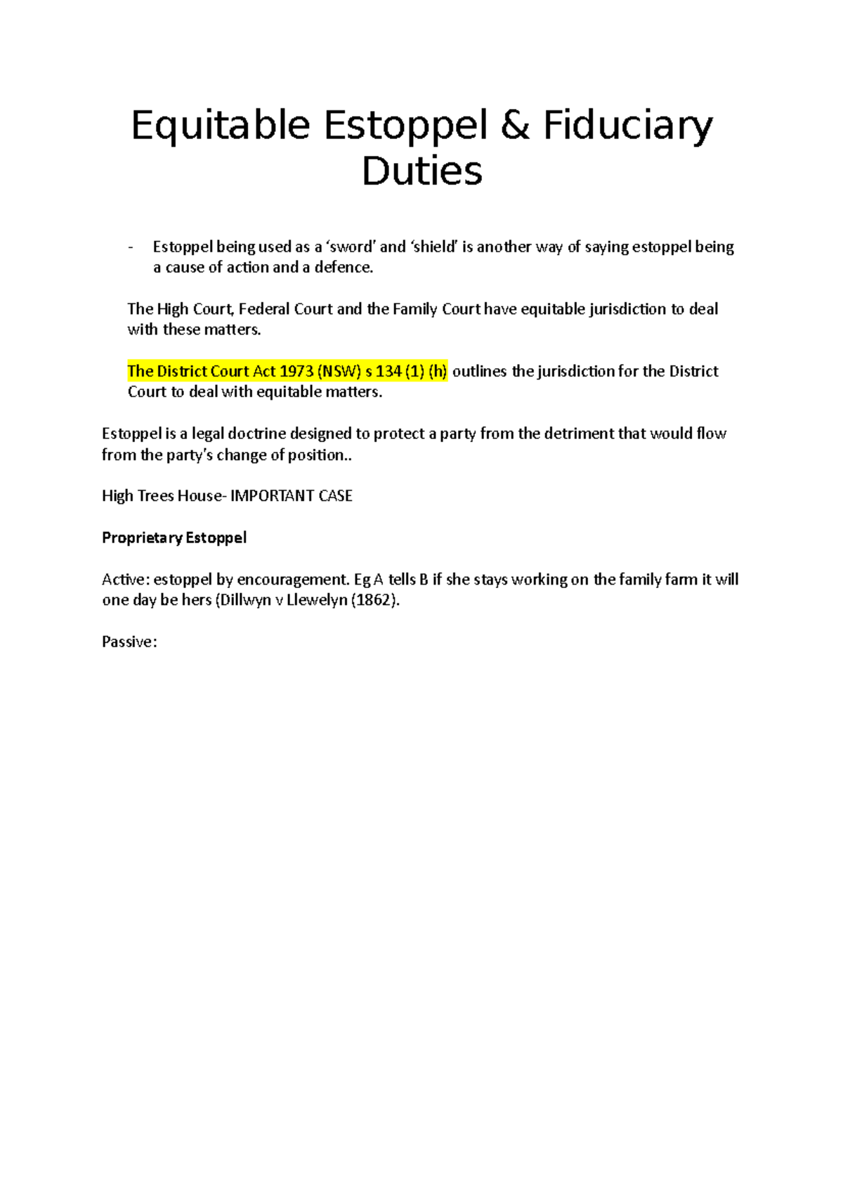 Equitable Estoppel tutorial notes Equitable Estoppel & Fiduciary