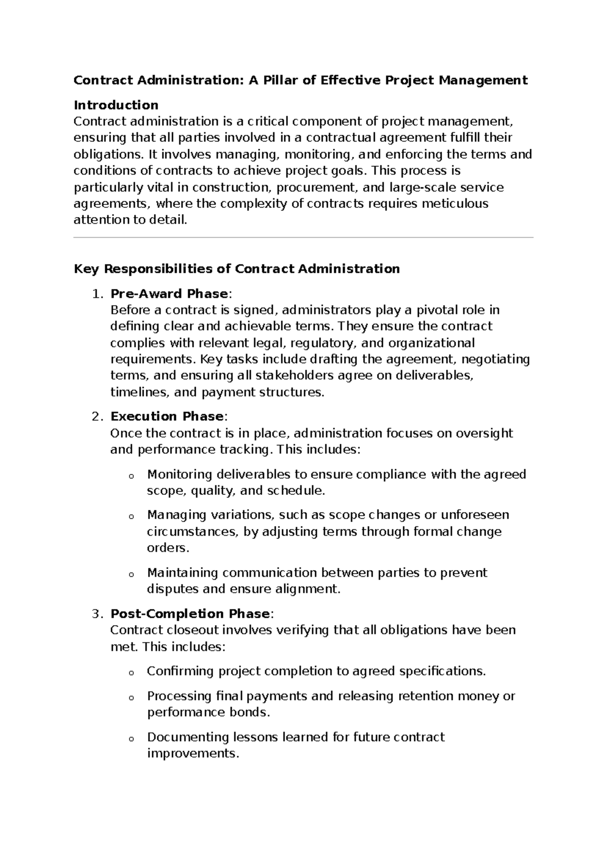 Contract Administration - It involves managing, monitoring, and ...