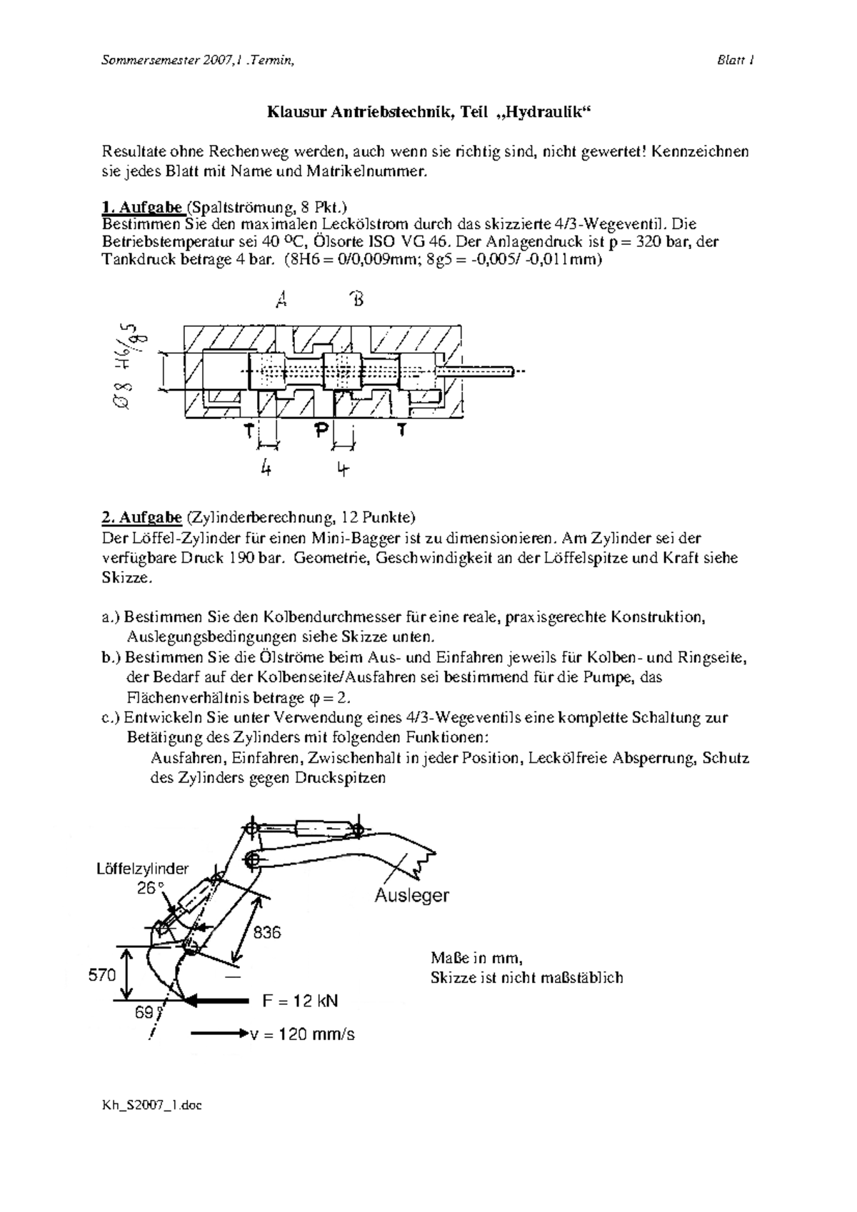 Hydraulik Sommer - Sommersemester 2007,1 .Termin, Blatt 1 Kh_S2007_1 ...