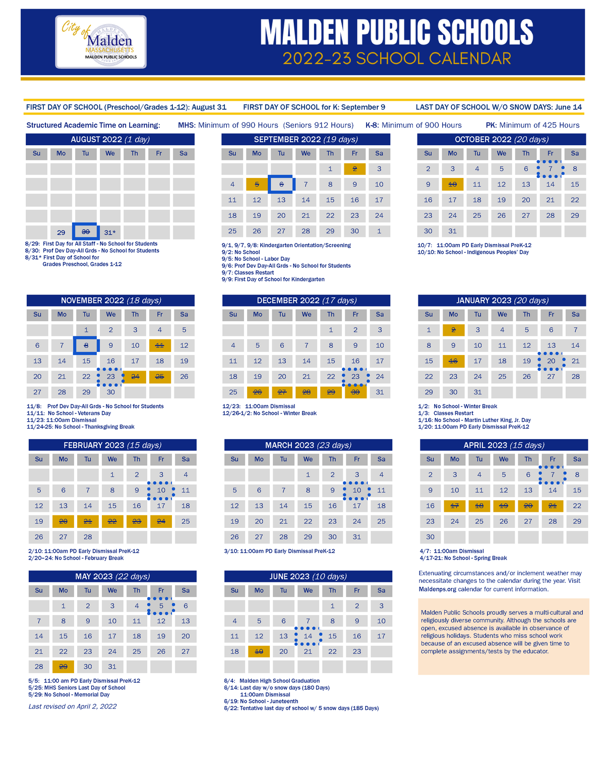 MPS Calendar 20222023SY FIRST DAY OF SCHOOL (Preschool/Grades 112