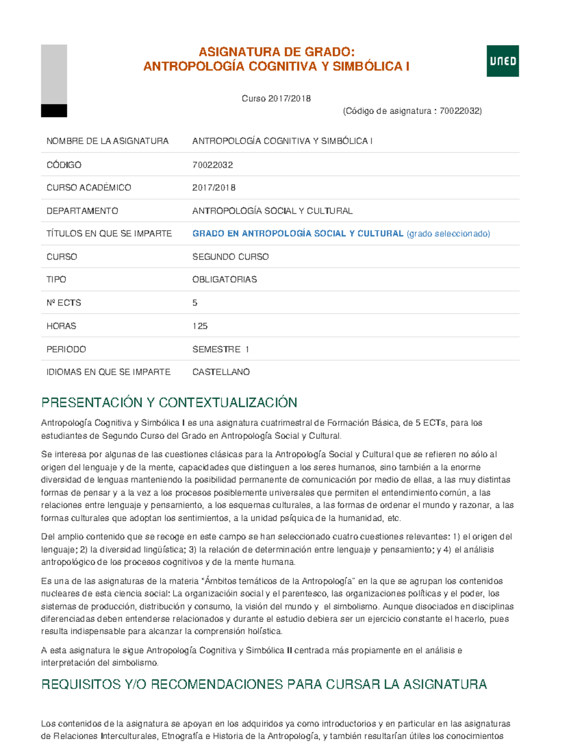 70022032 Antropología Cognitiva y Simbólica I Guía 1 ASIGNATURA DE