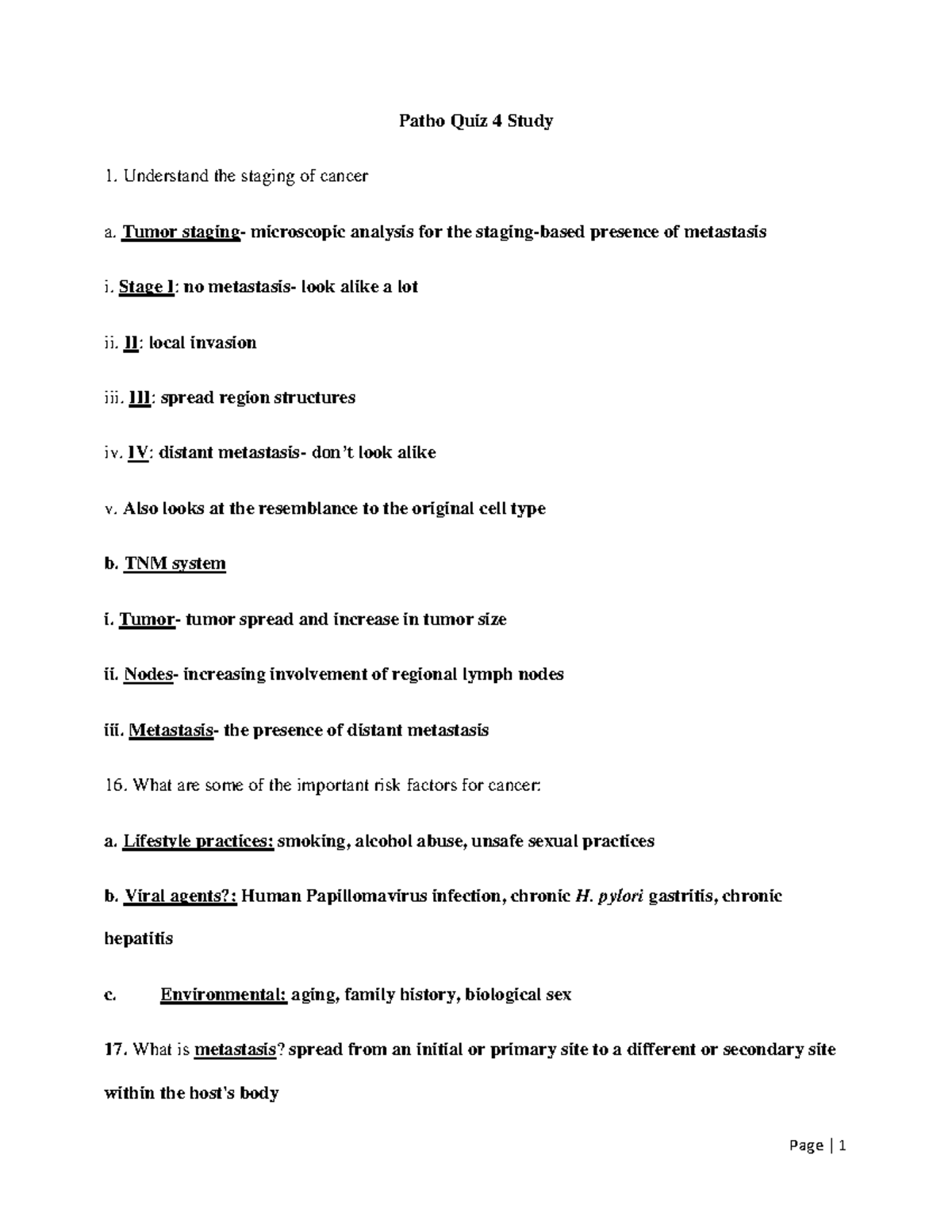 Patho Quiz 4 Study - Patho Quiz 4 Study 1. Understand The Staging Of ...