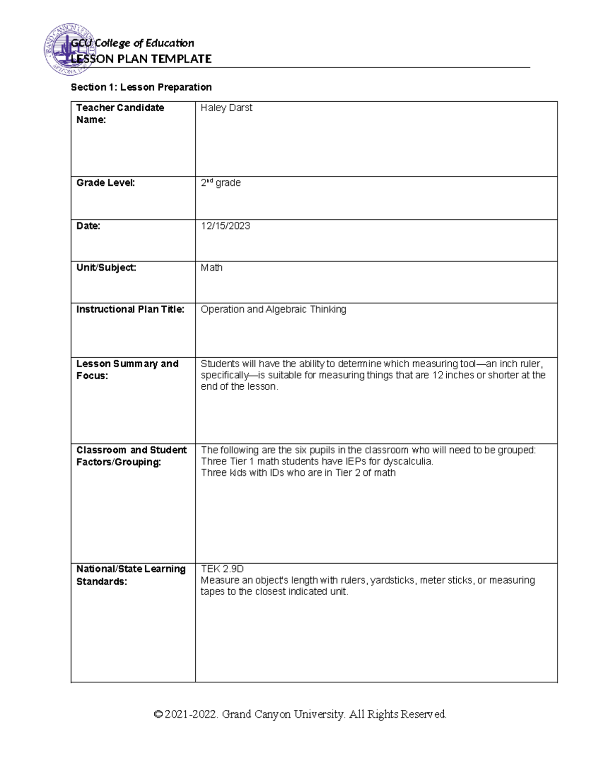 Operation and alegbraic thinking-haley darst - LESSON PLAN TEMPLATE ...