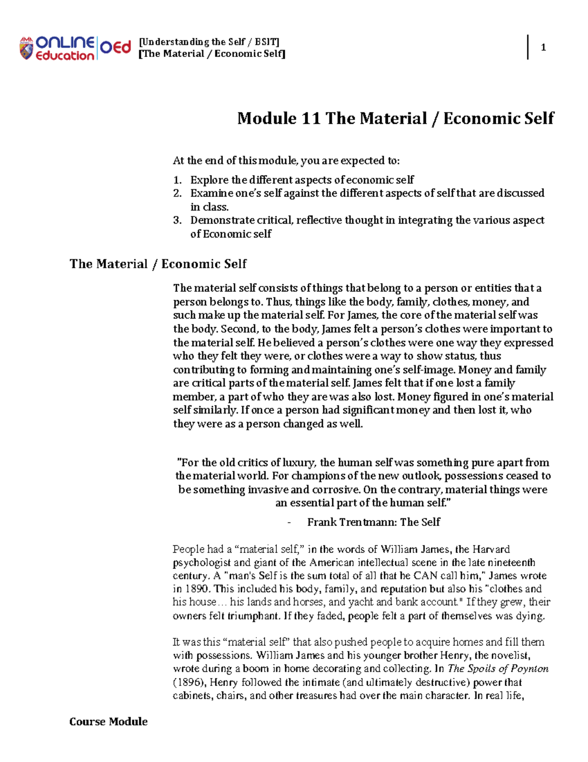 [The Material Economic Self] [Understanding the Self / BSIT] [The