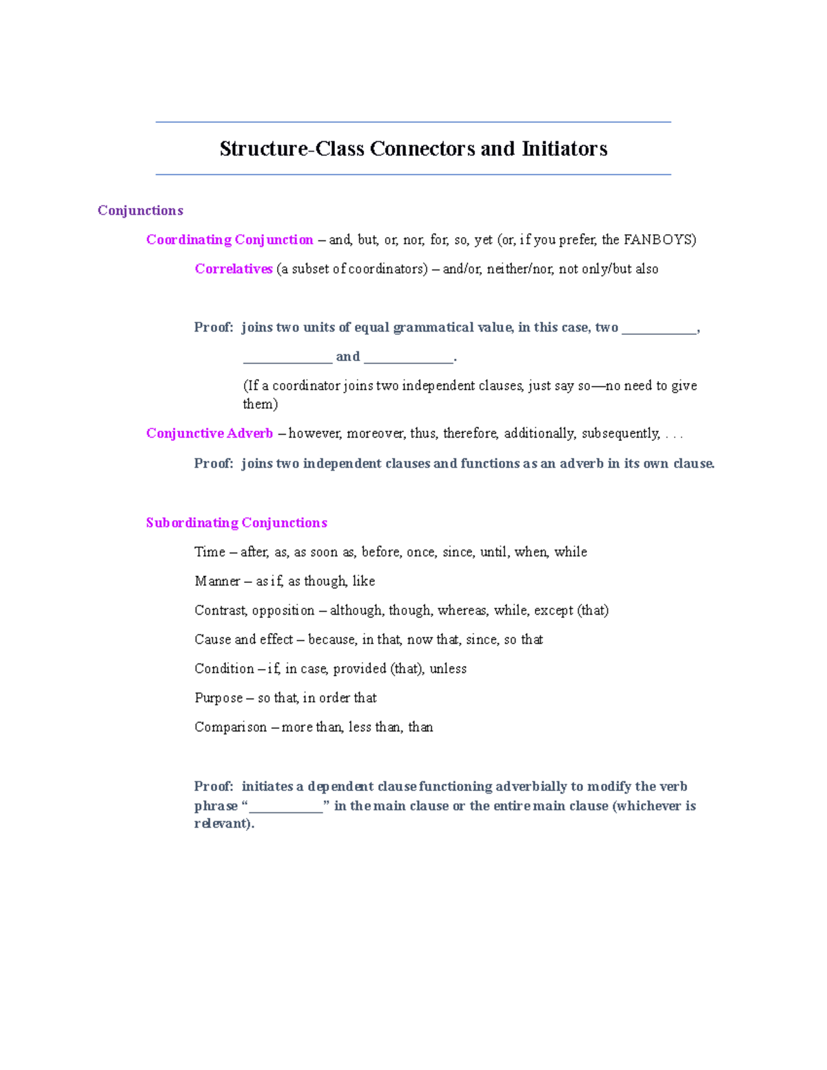 Structure Class Connectors and Initiators Summary Sheet Structure