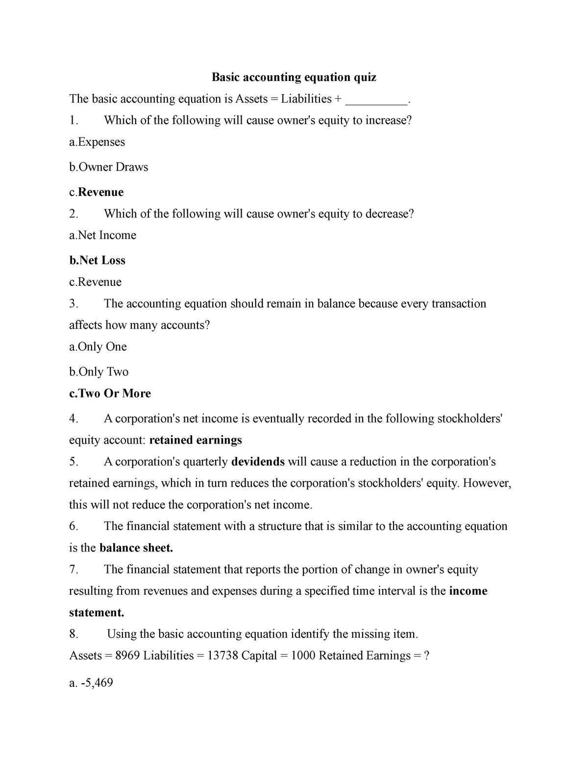 Basic Accounting Equation Week2 - Basic Accounting Equation Quiz The ...