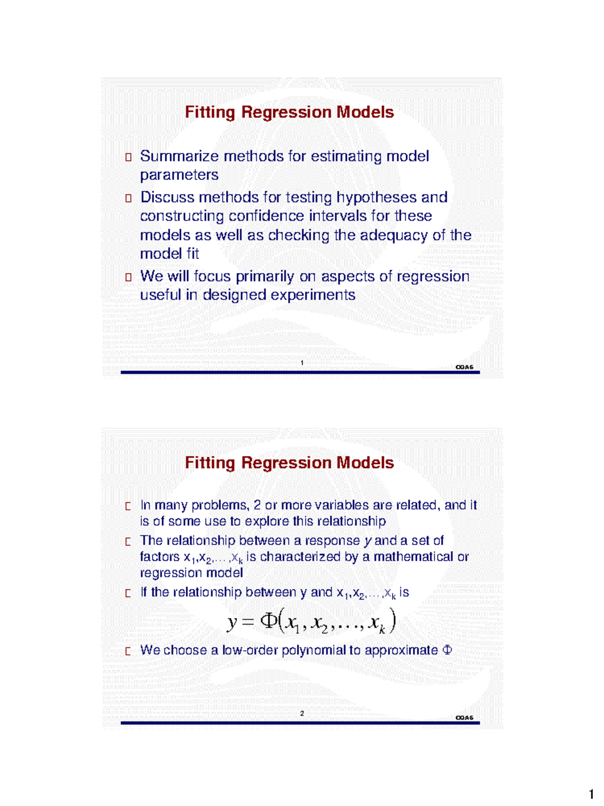 Regression - 2up - 1 CQAS Fitting Regression Models Summarize methods ...
