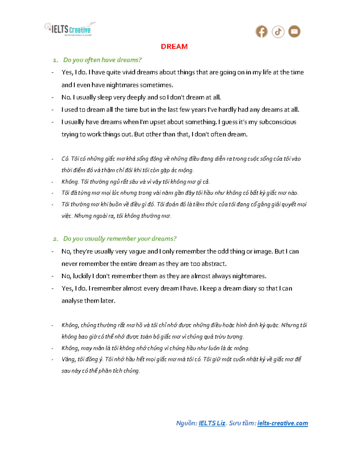 Ielts liz speaking part 1 dream 1 do you often have dreams yes i