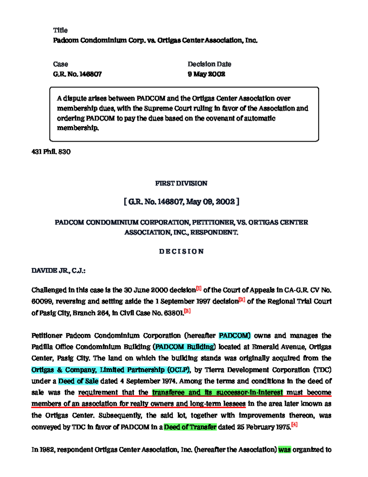 G.R. No. 146807 - Padcom Condominium Corp. vs. Ortigas Center ...
