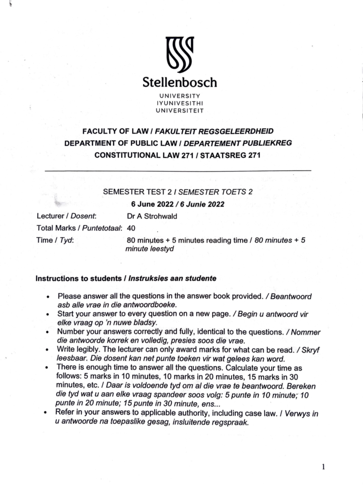 Colaw test 2 - Constitutional Law 271 Test 2 - Stellenbosch UNIVERSITY ...