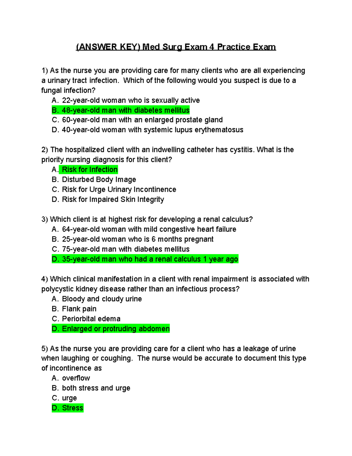 NUR170 ( Answer KEY) Med Surg Exam 4 Practice Exam - (ANSWER KEY) Med ...