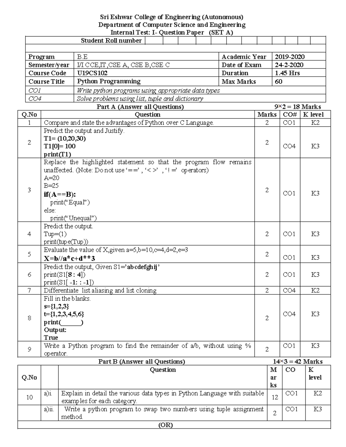 Internal I Question Paper - Sri Eshwar College of Engineering ...