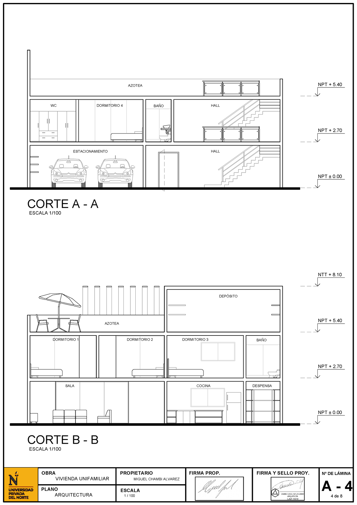 Corte Arquitectónico De Vivienda Unifamiliar De 2 Pisos - CORTE A - A ...