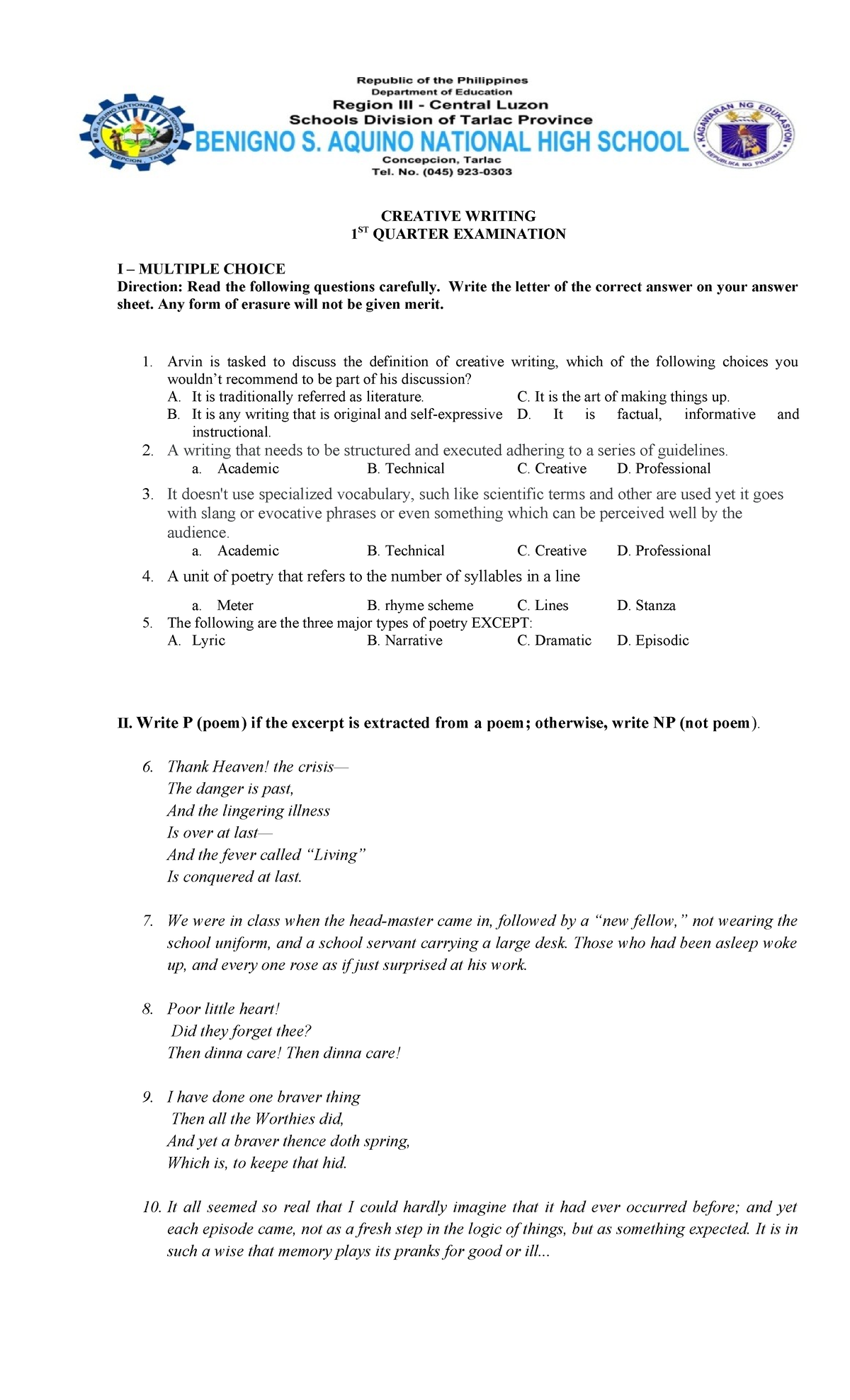 CW-1 Stqtest - CREATIVE WRITING - CREATIVE WRITING 1 ST QUARTER ...