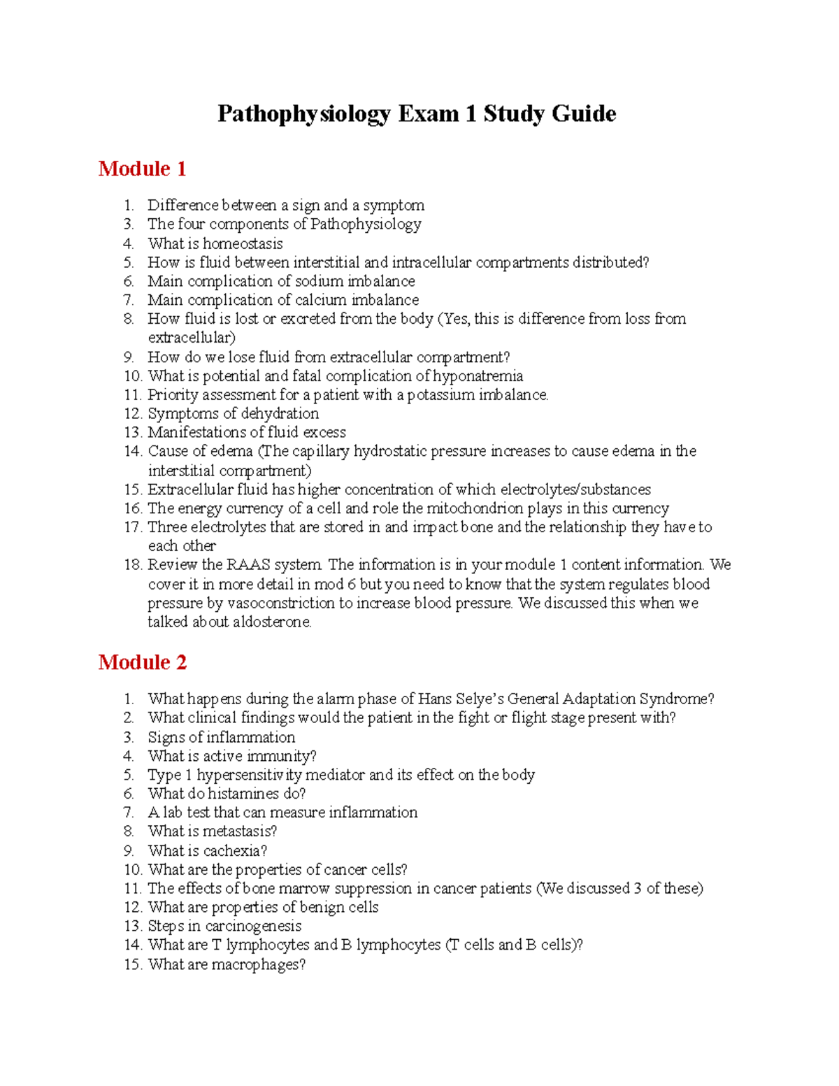 Exam 1 Study Guide - Fall 2021 - Pathophysiology Exam 1 Study Guide ...