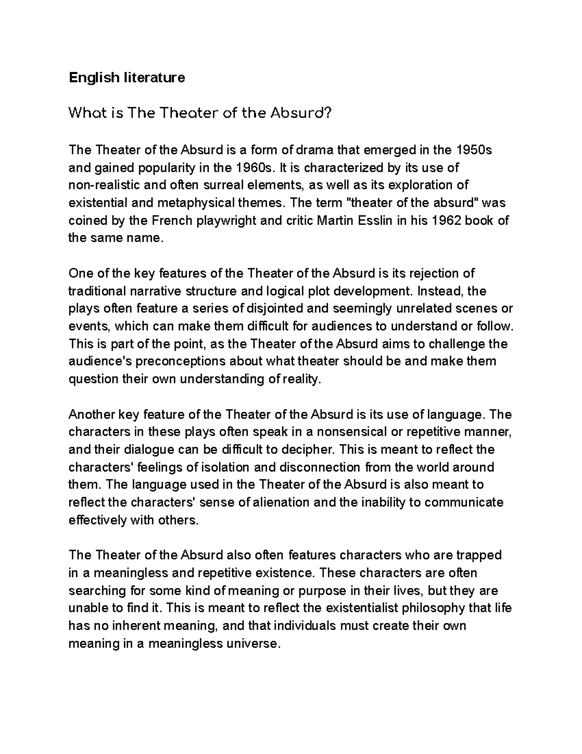 What is The Theater of the Absurd - English literature What is The ...
